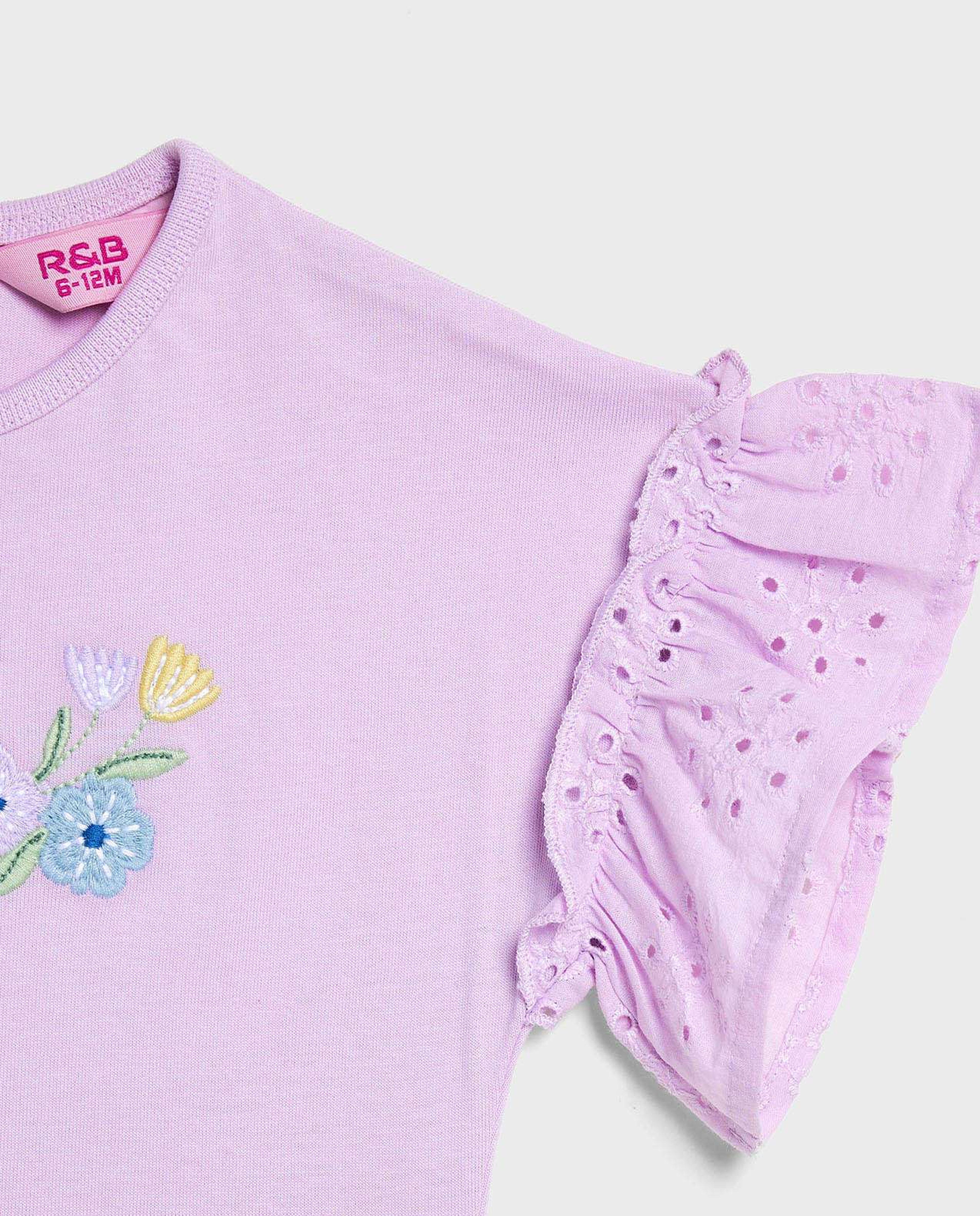 Embroidered Top with Crew Neck and Flutter Sleeves