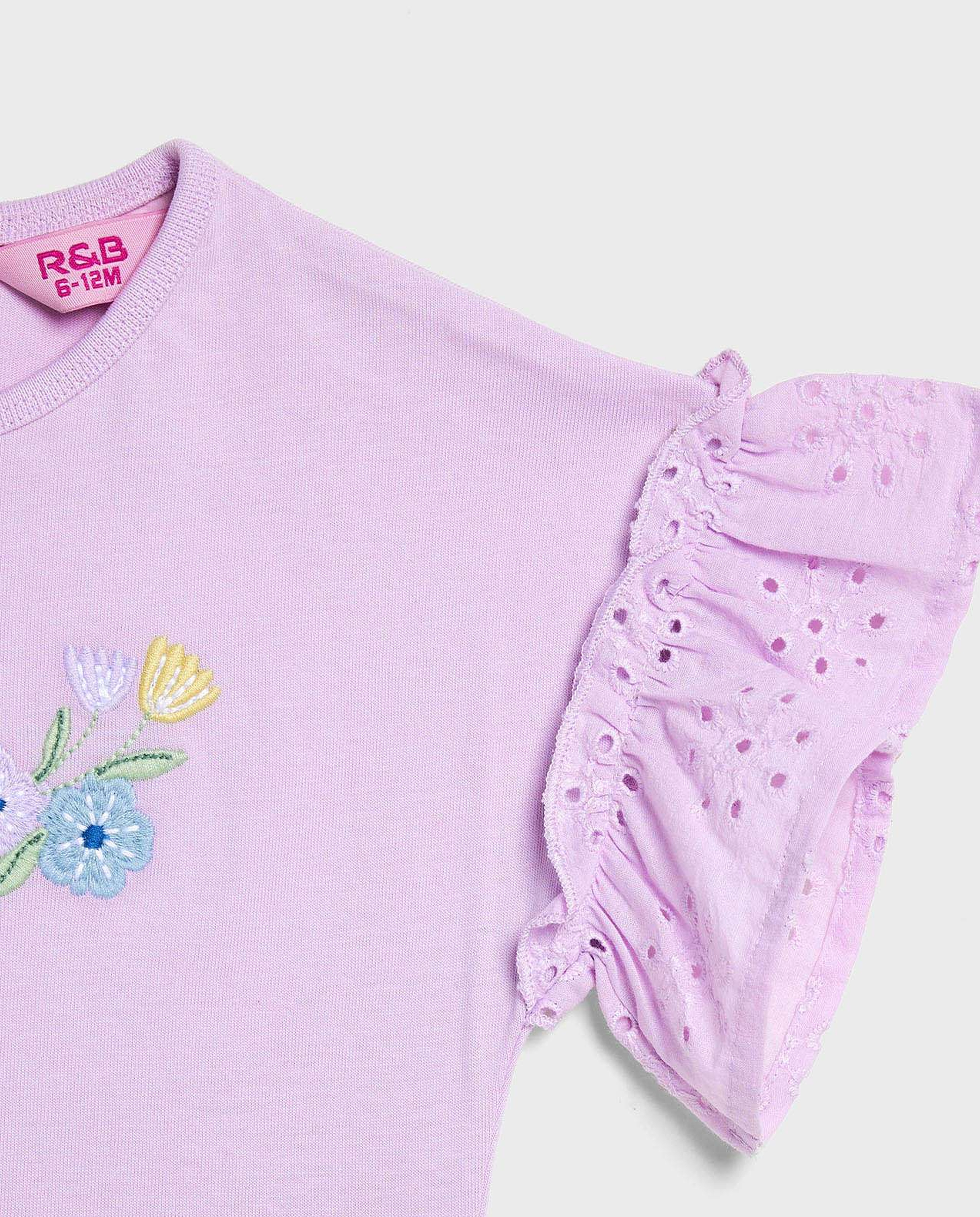 Embroidered Top with Crew Neck and Flutter Sleeves