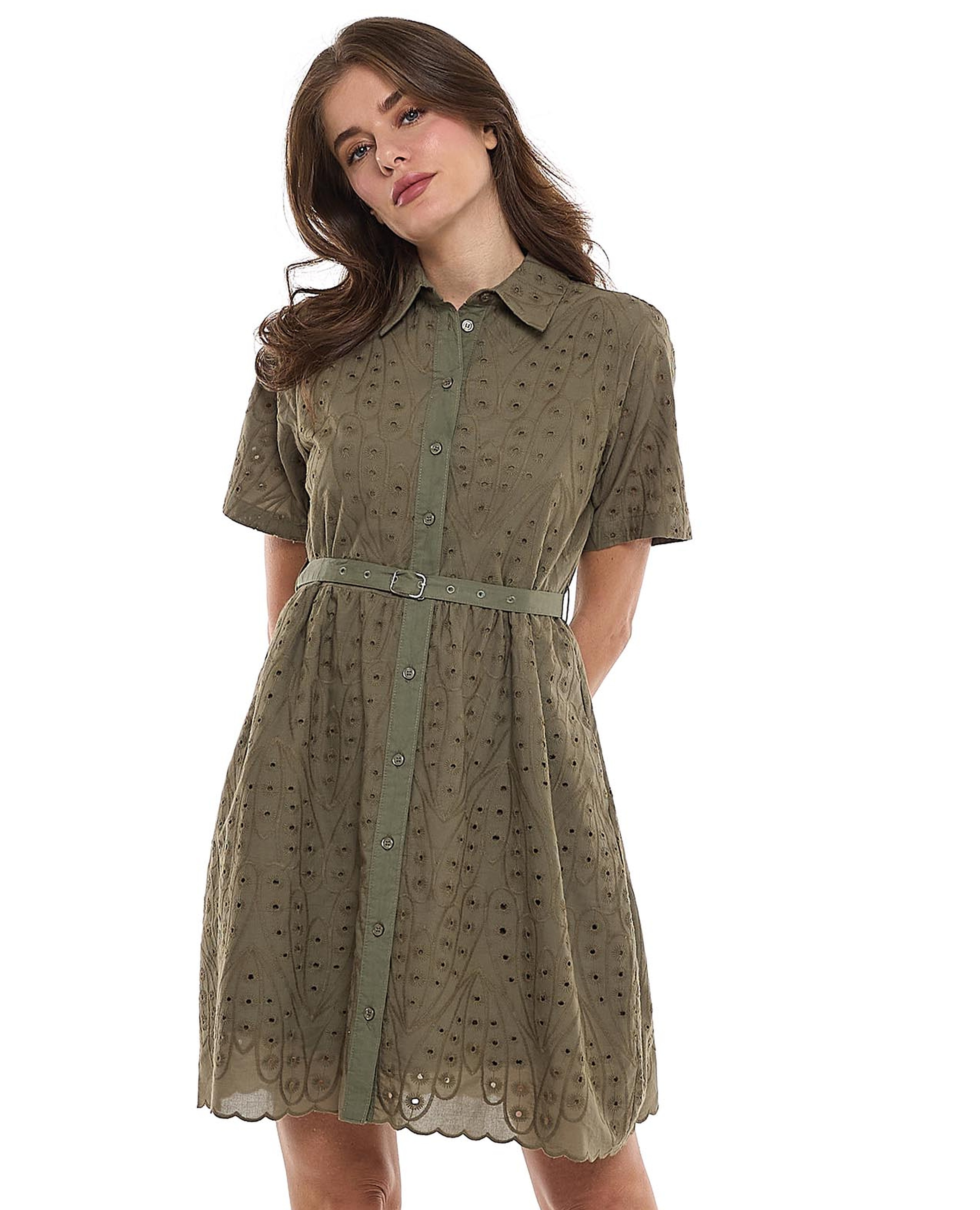 Schiffli Shirt Dress with Classic Collar and Short Sleeves
