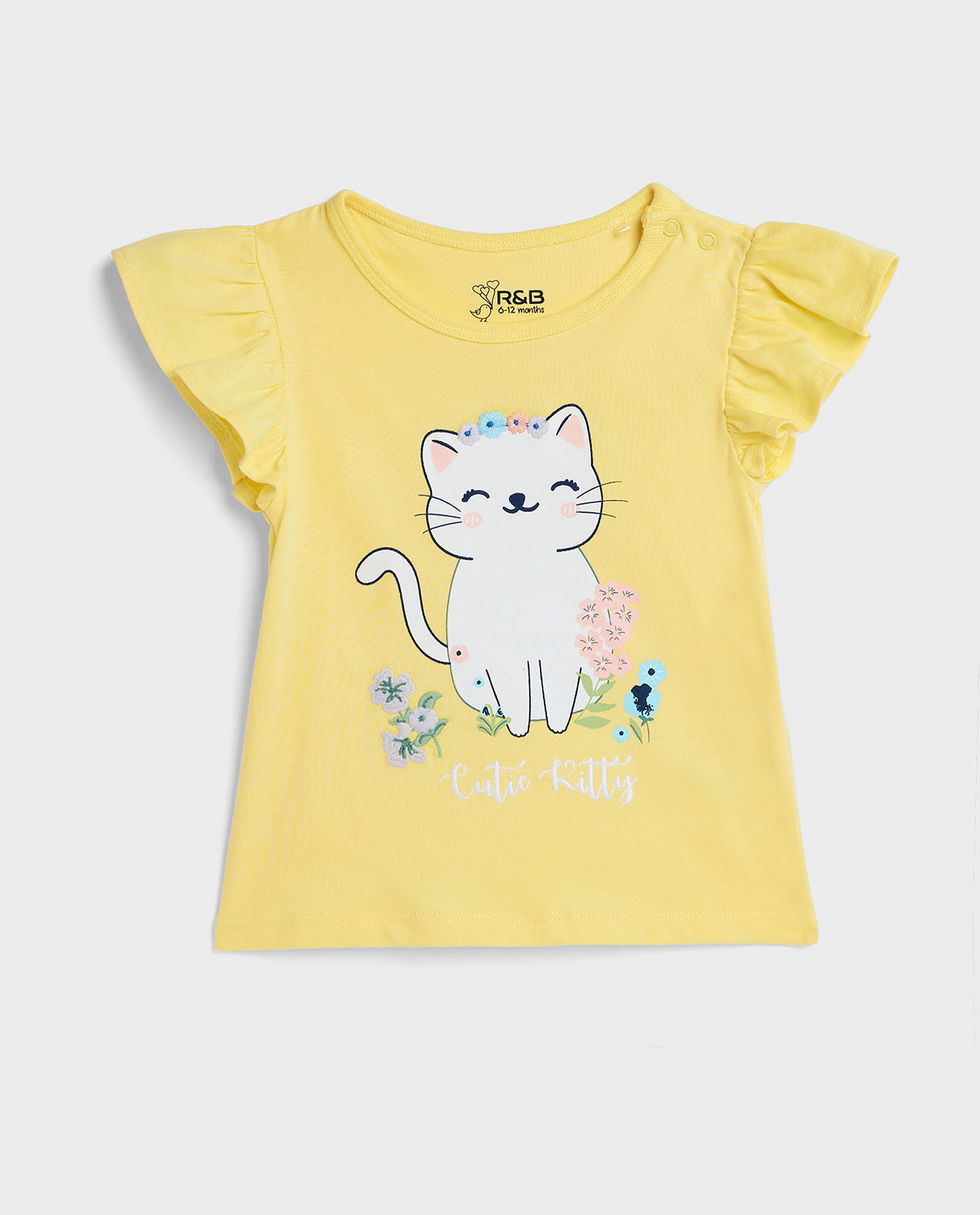 Printed Top with Crew Neck and Flutter Sleeves