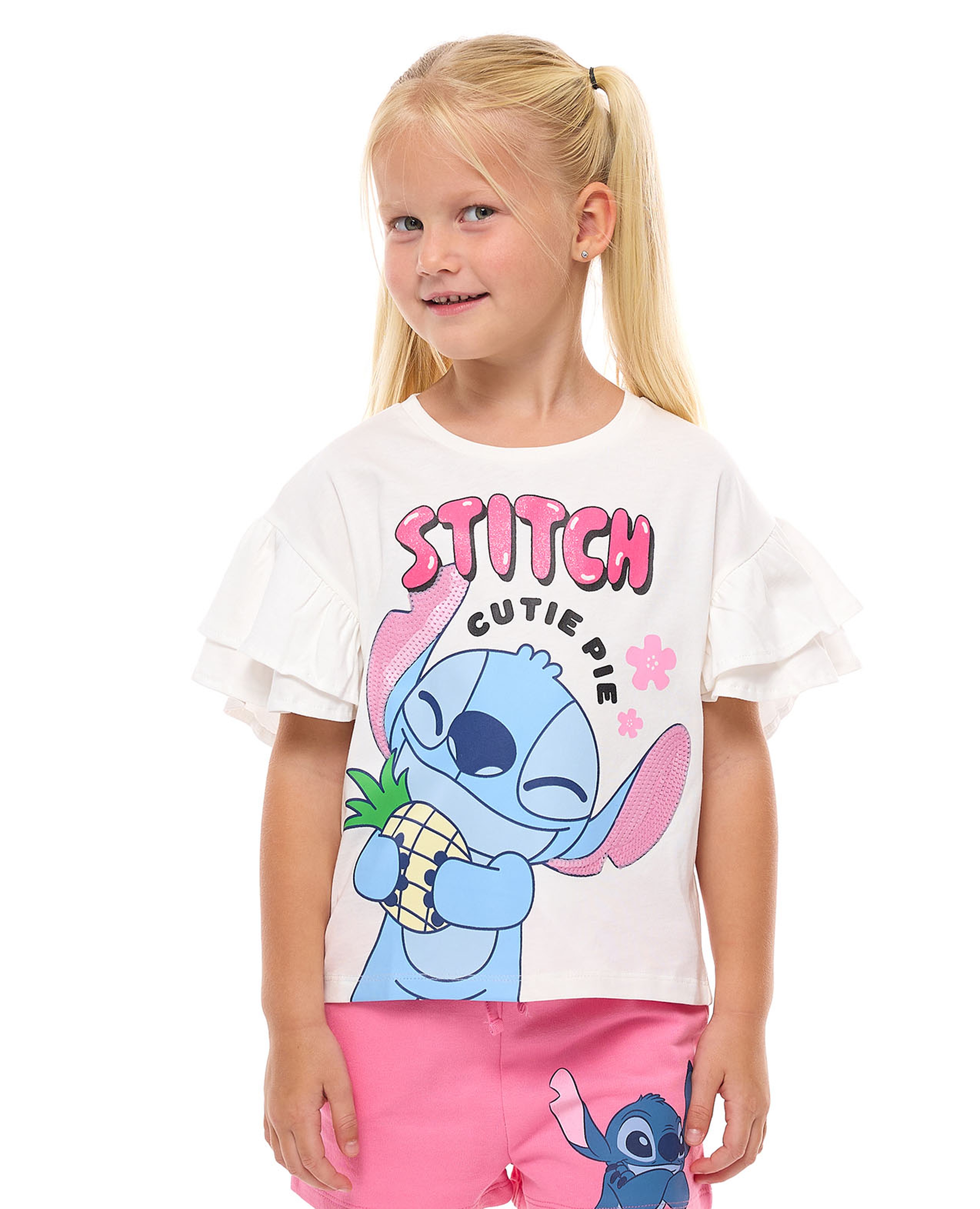 Stitch Printed Top with Crew Neck and Flutter Sleeves