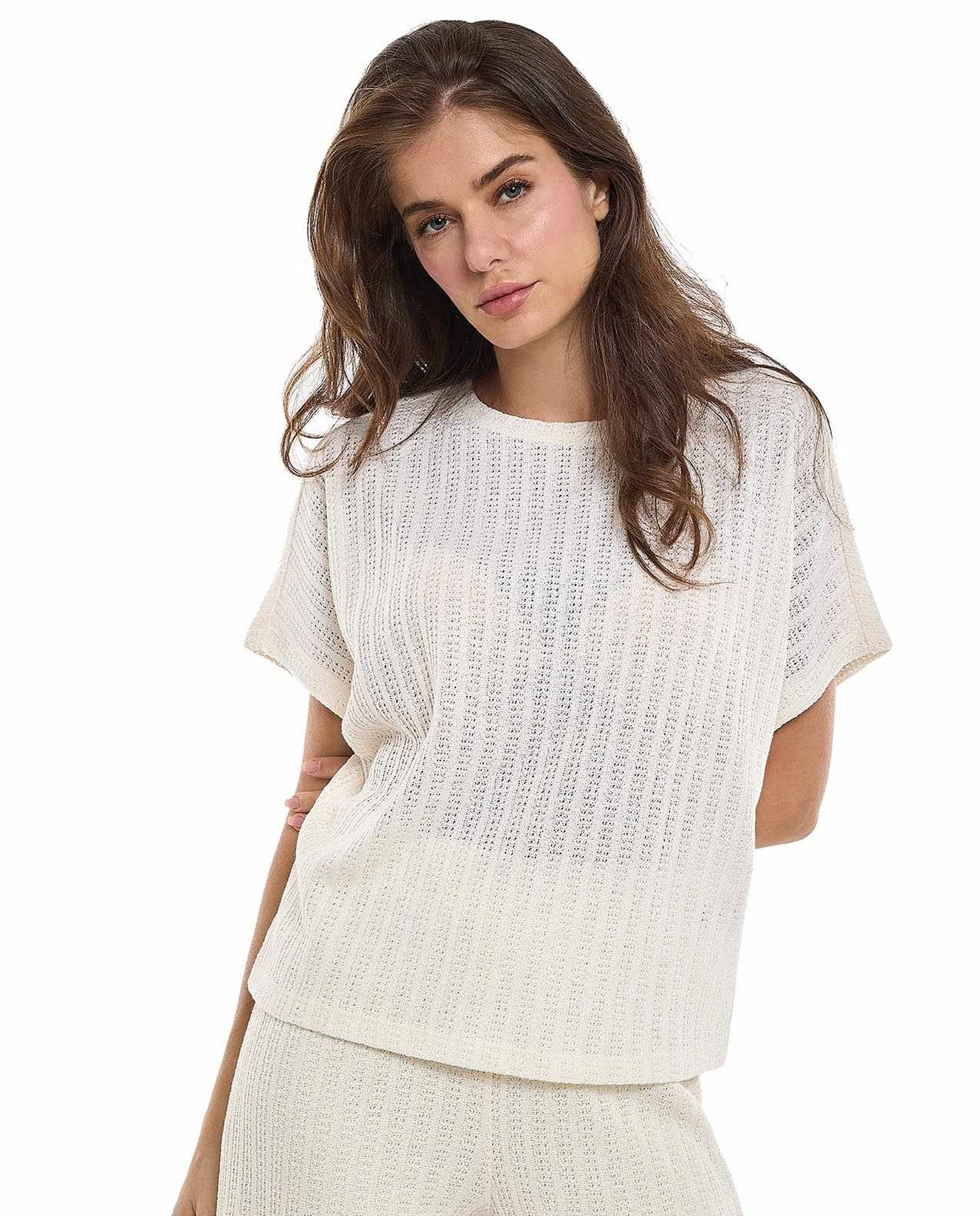 Openwork Top with Crew Neck and Short Sleeves
