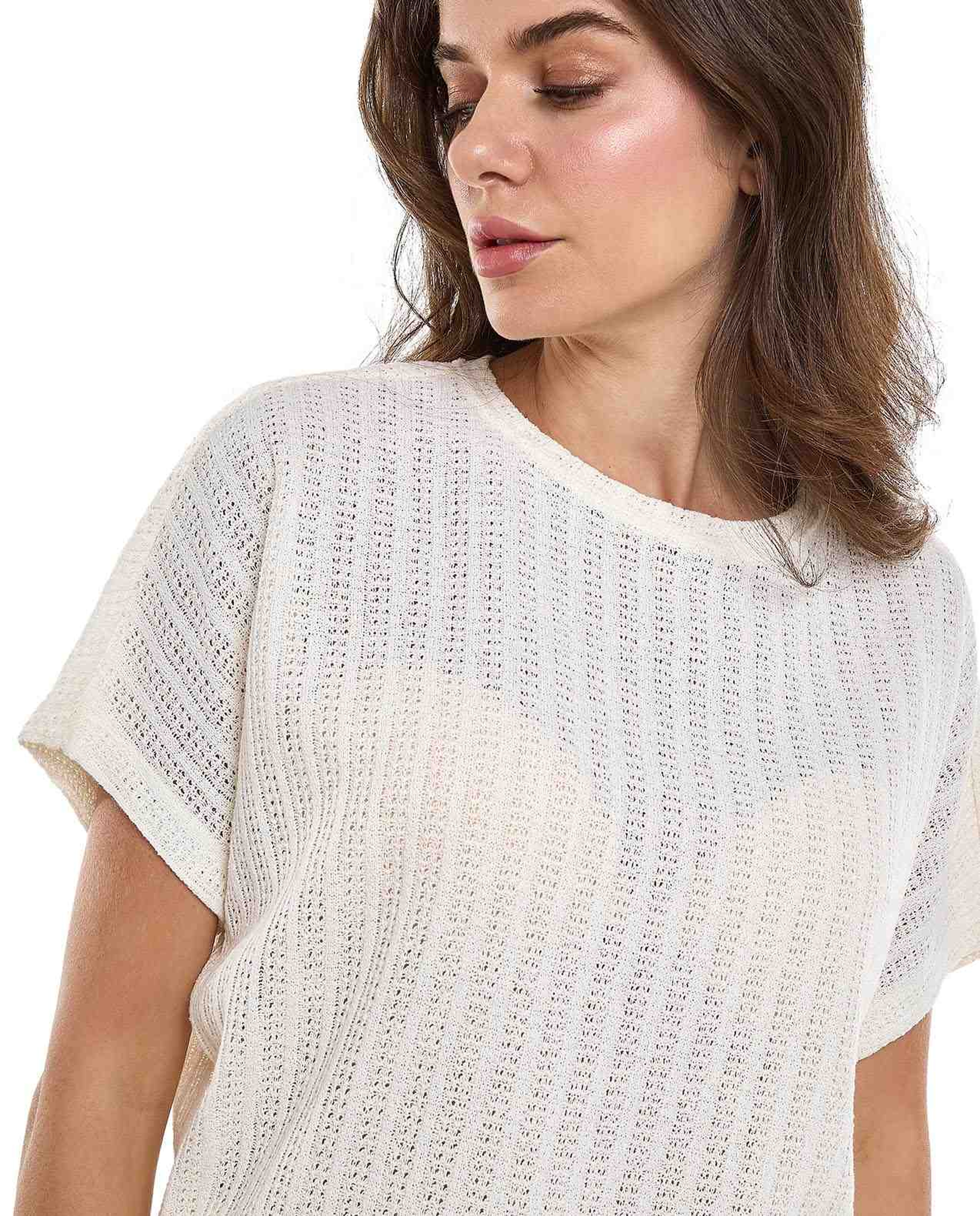 Openwork Top with Crew Neck and Short Sleeves