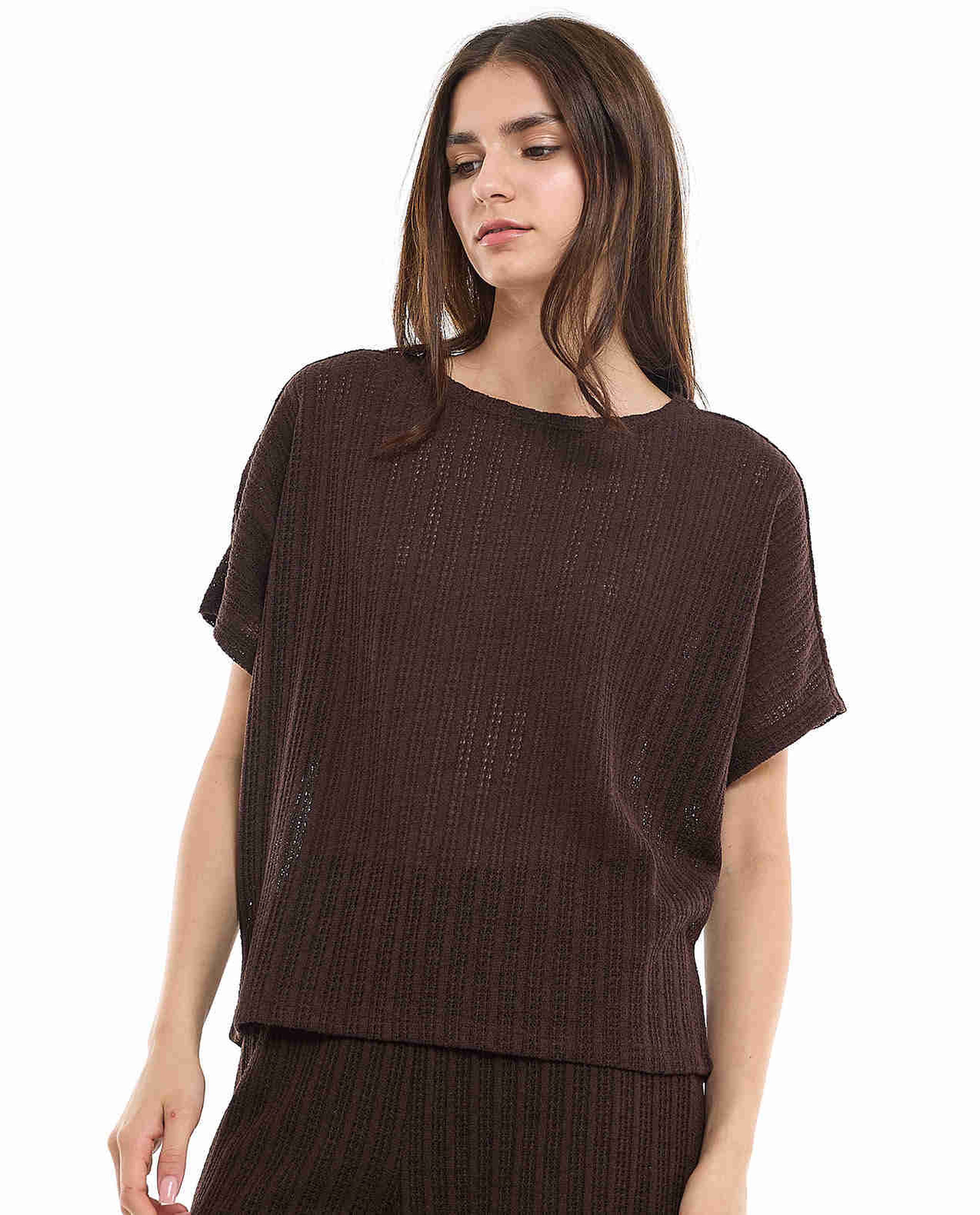 Openwork Top with Crew Neck and Short Sleeves