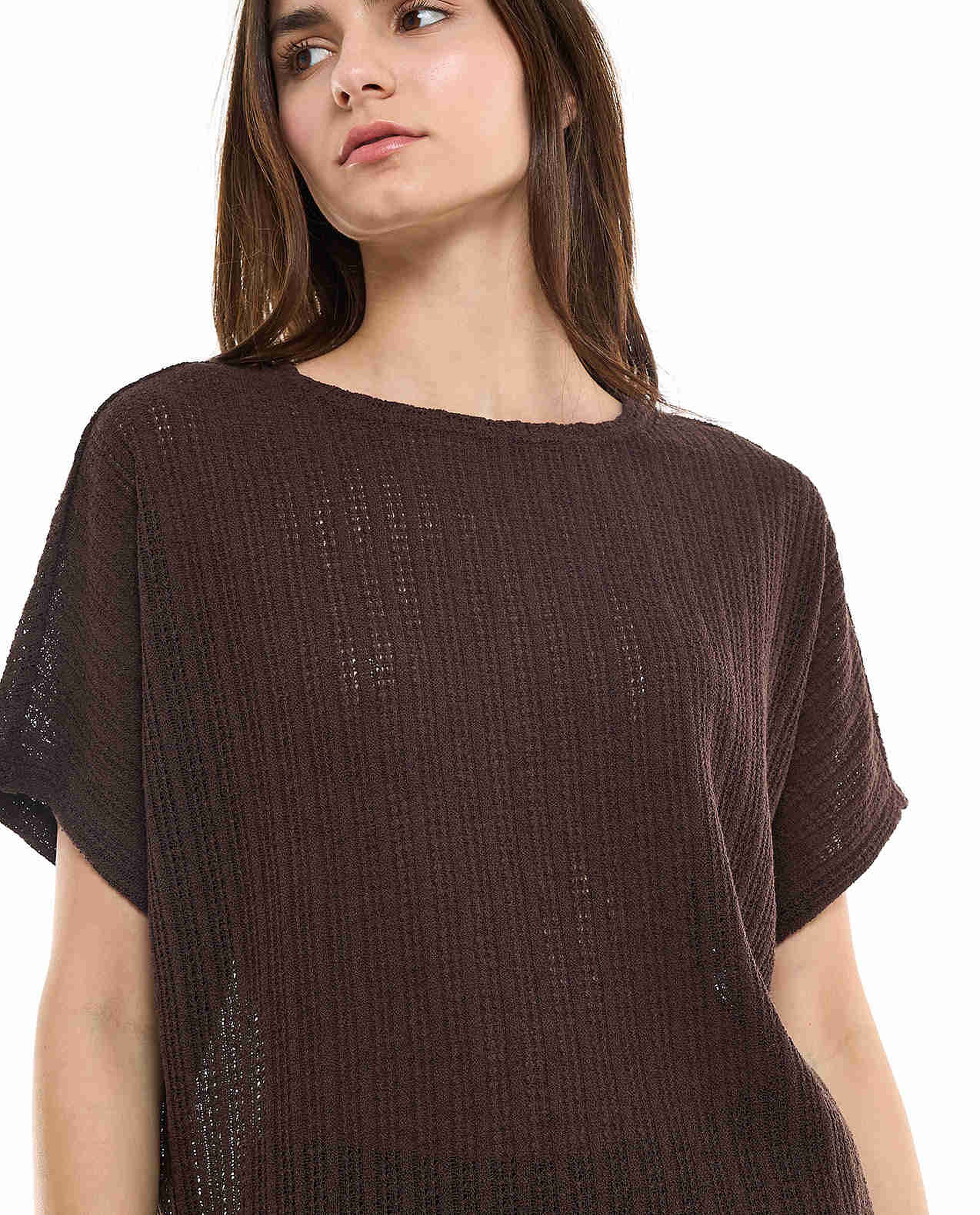 Openwork Top with Crew Neck and Short Sleeves