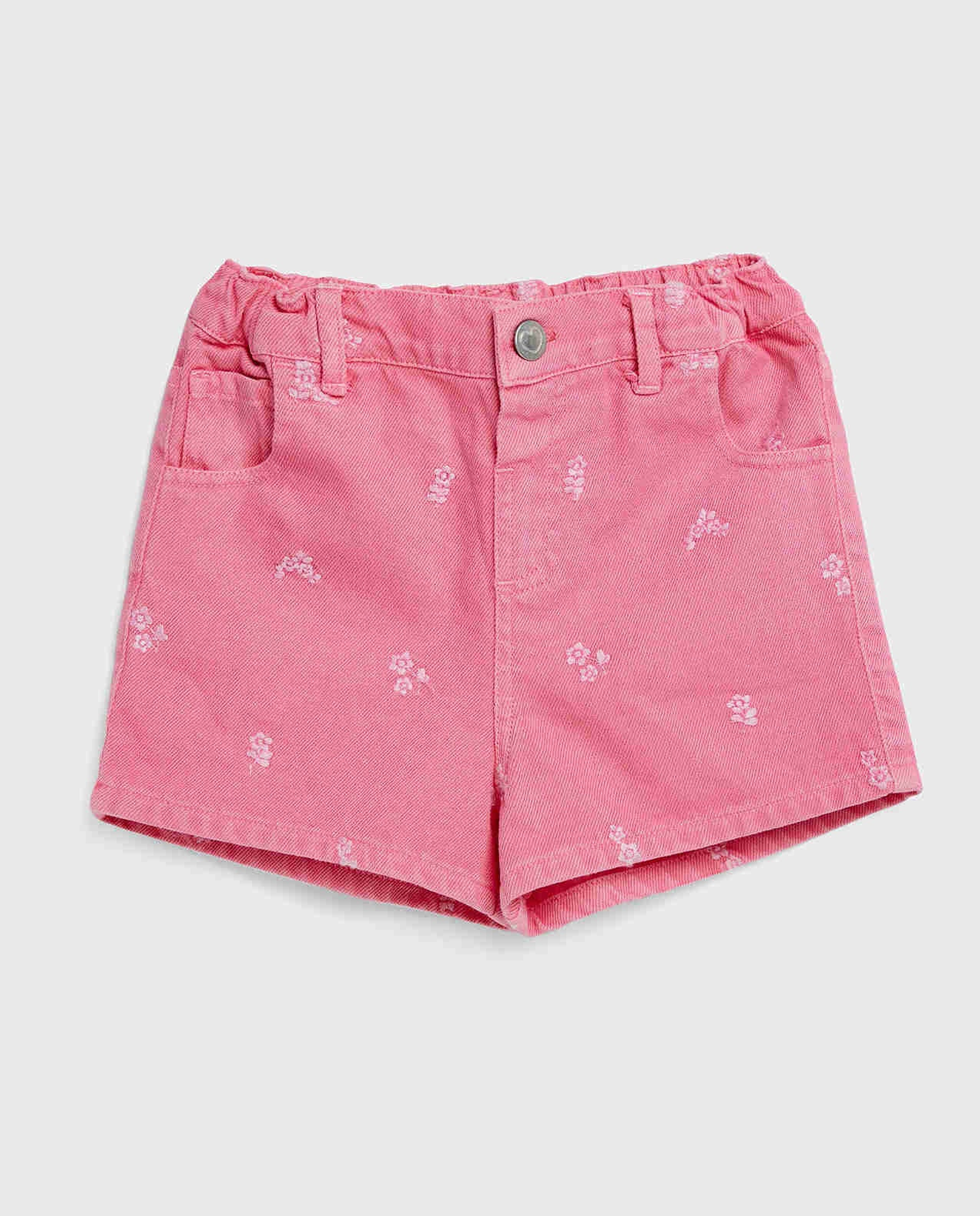 Embroidered Denim Shorts with Button Closure