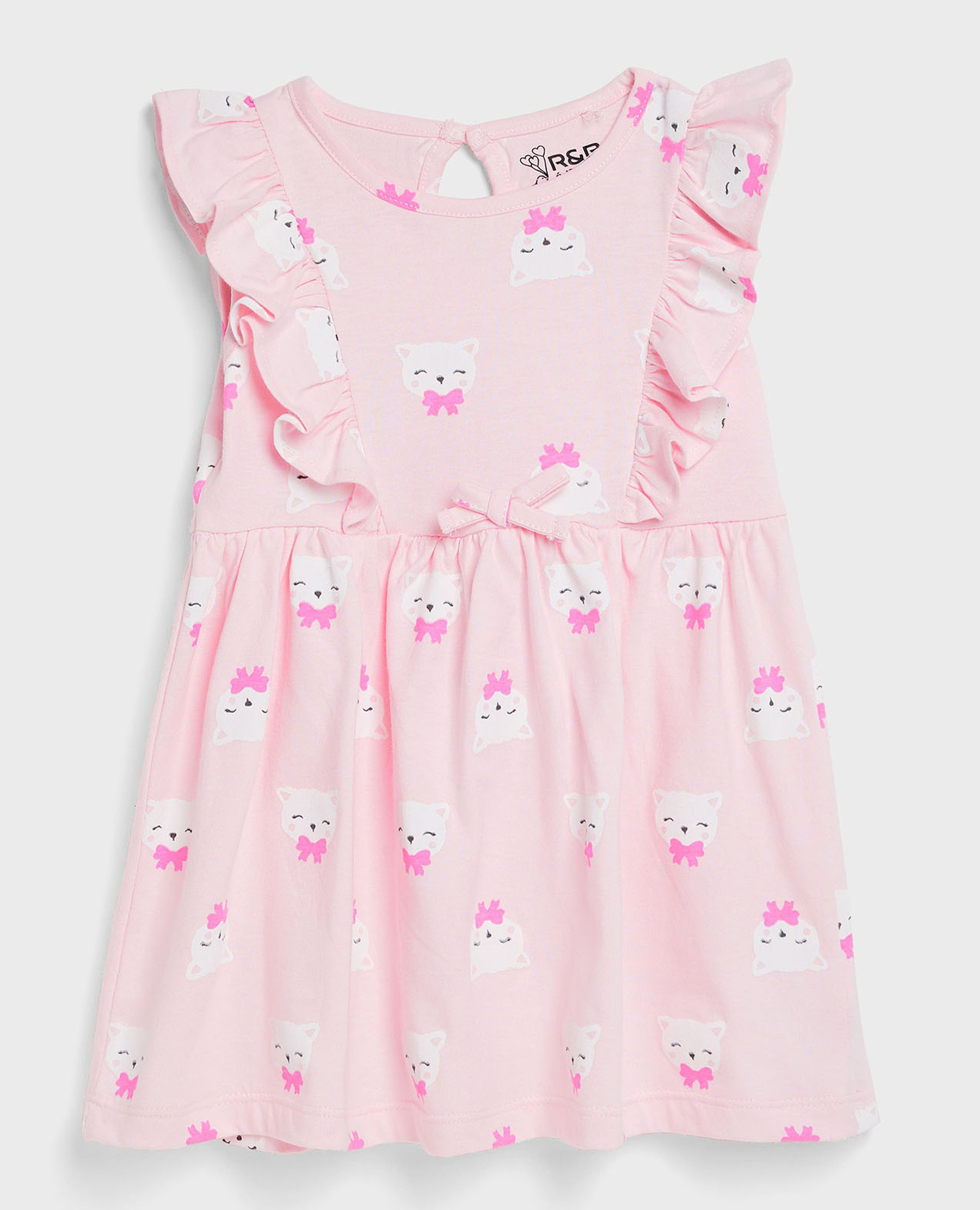 فستان بطبعة وياقة مستديرة وأكمام بكشكشة