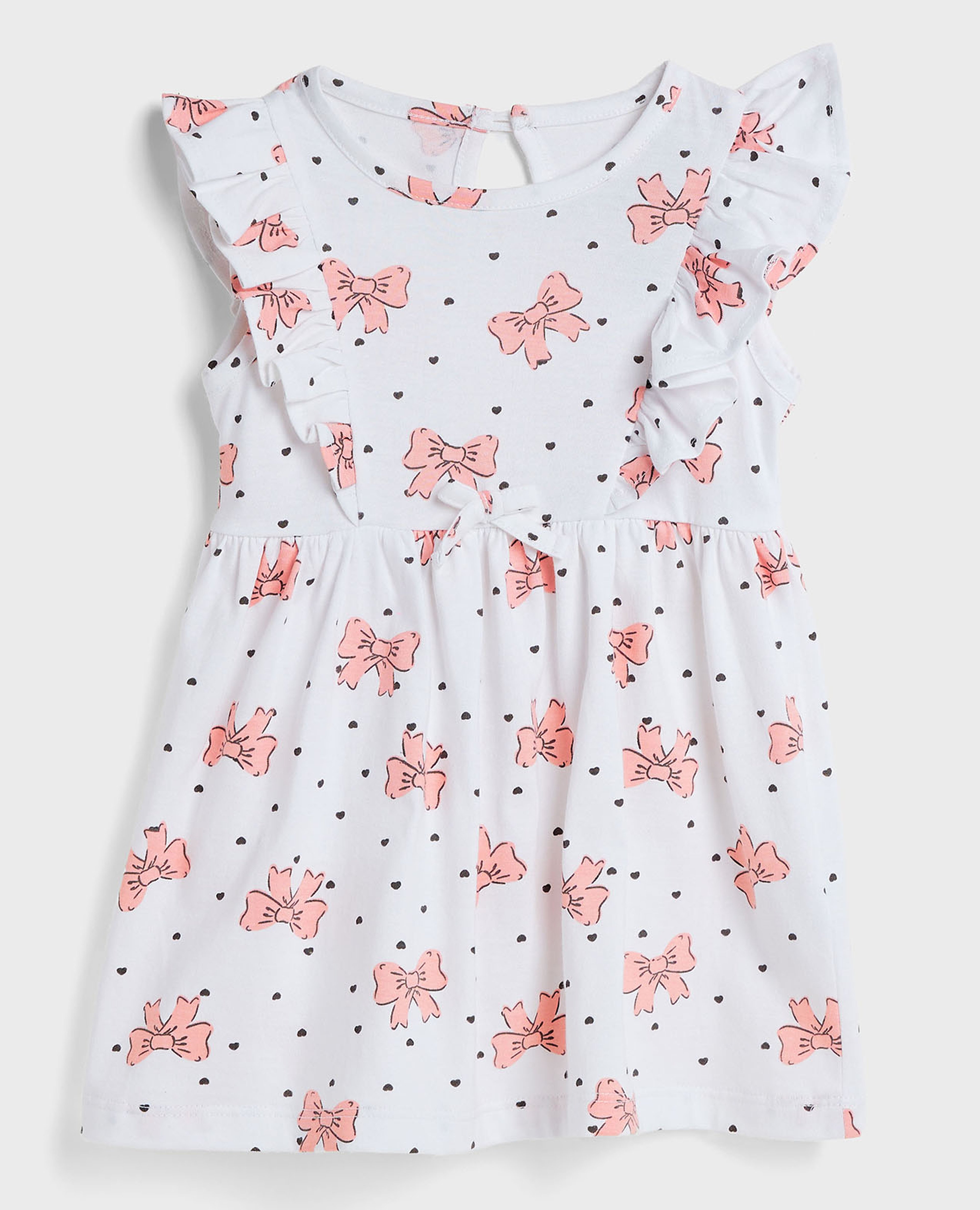 Printed Dress with Crew Neck and Ruffle Sleeves