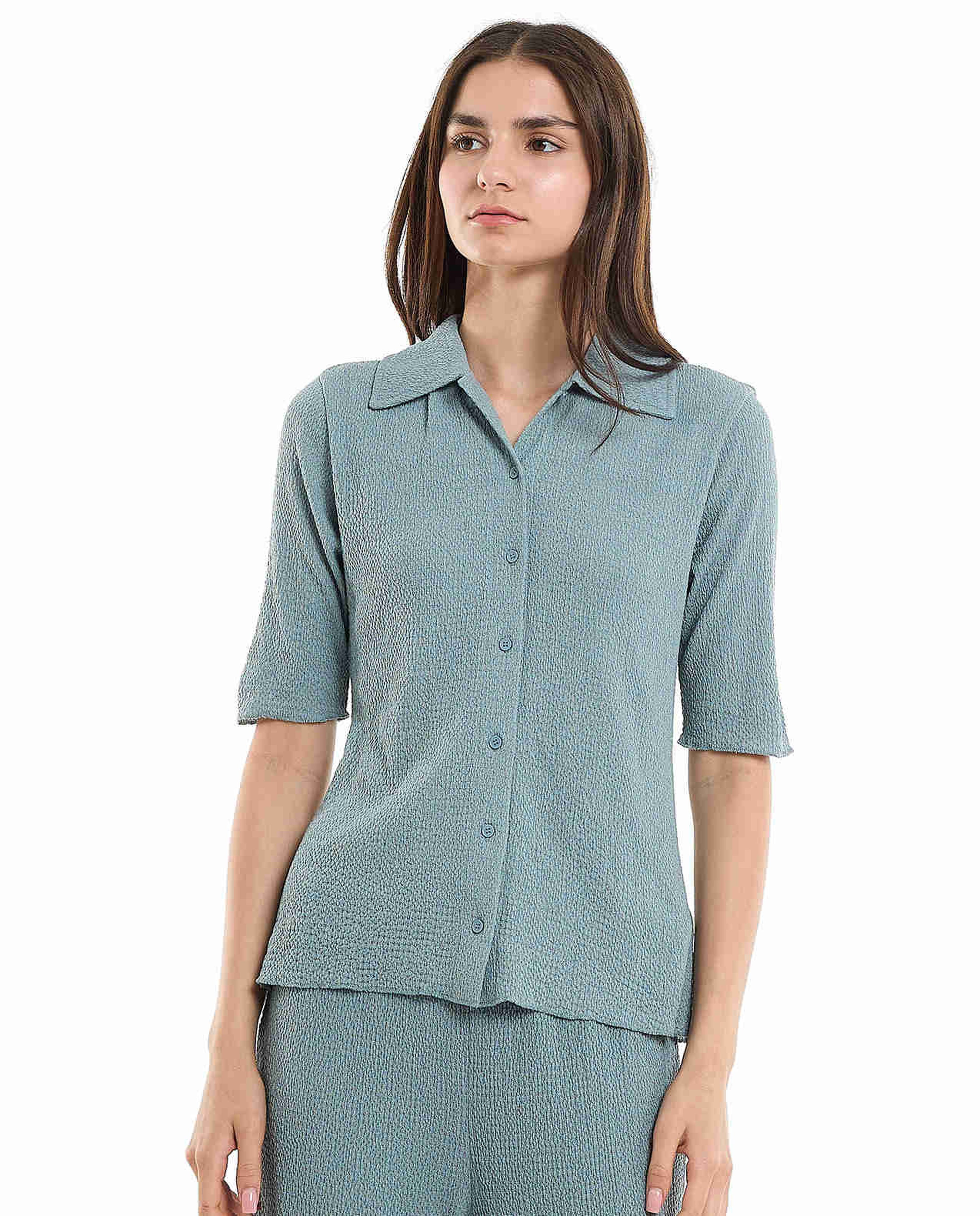 Textured Shirt with Classic Collar and Short Sleeves