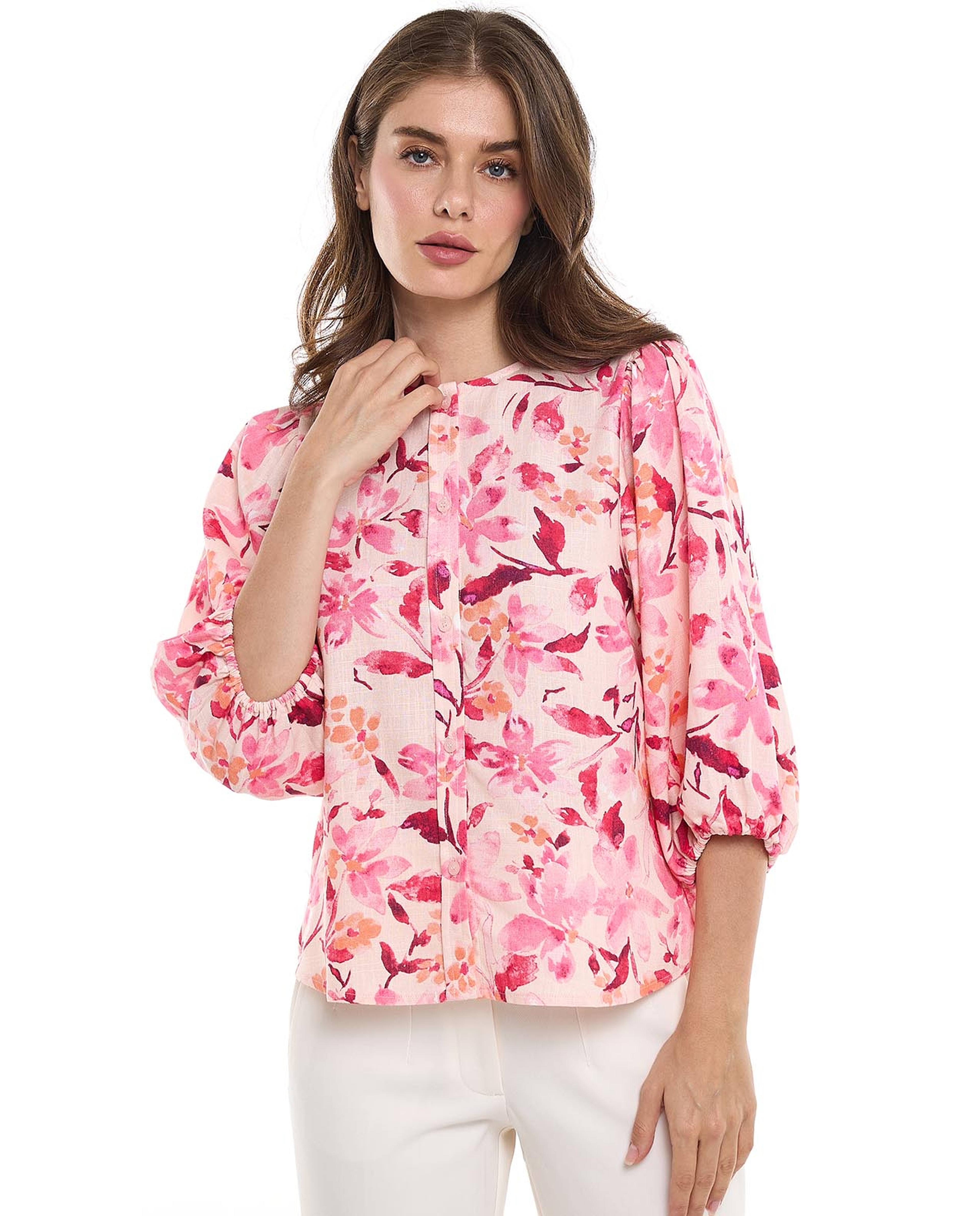 Floral Patterned Top with Crew Neck and 3/4 Sleeves