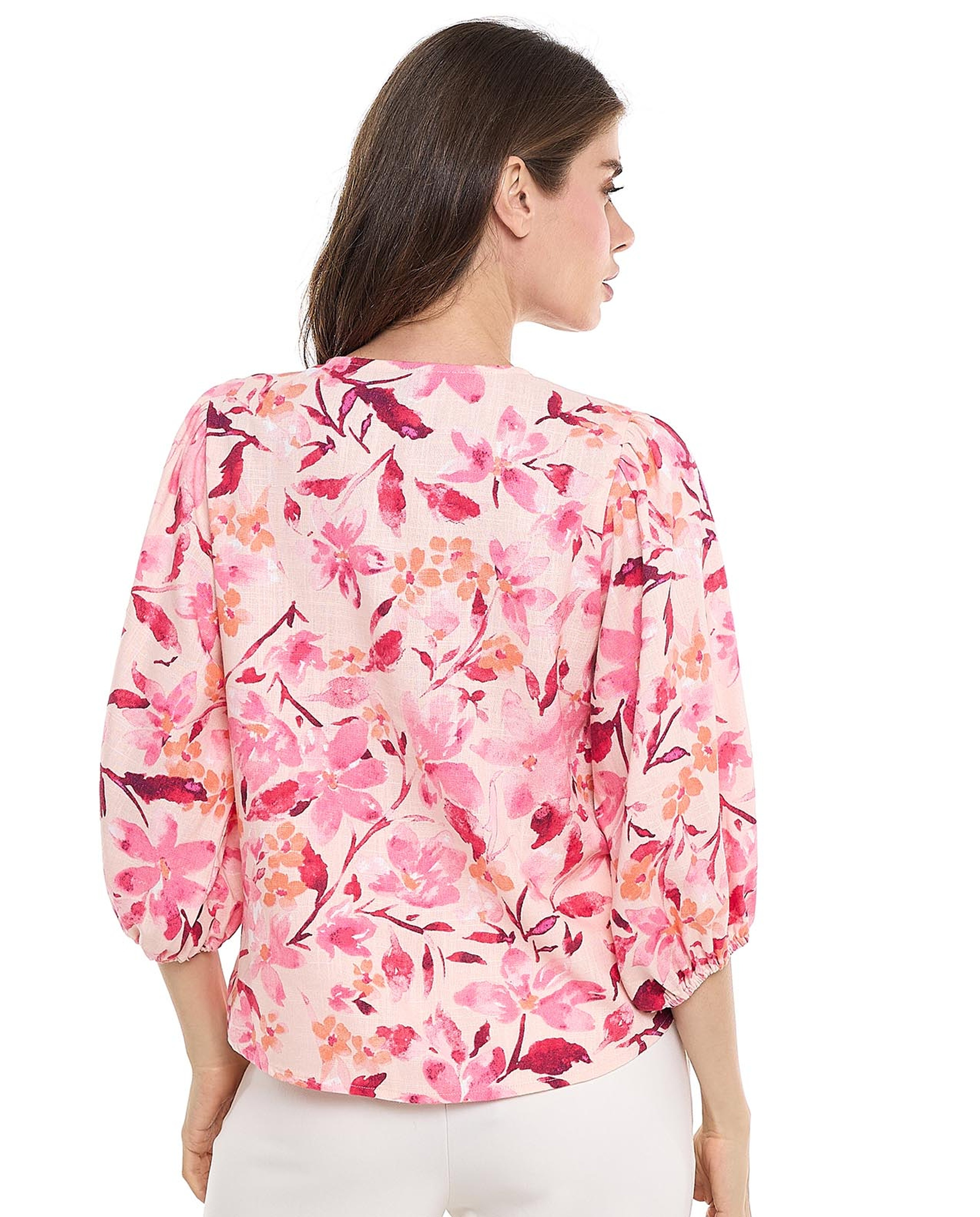 Floral Patterned Top with Crew Neck and 3/4 Sleeves