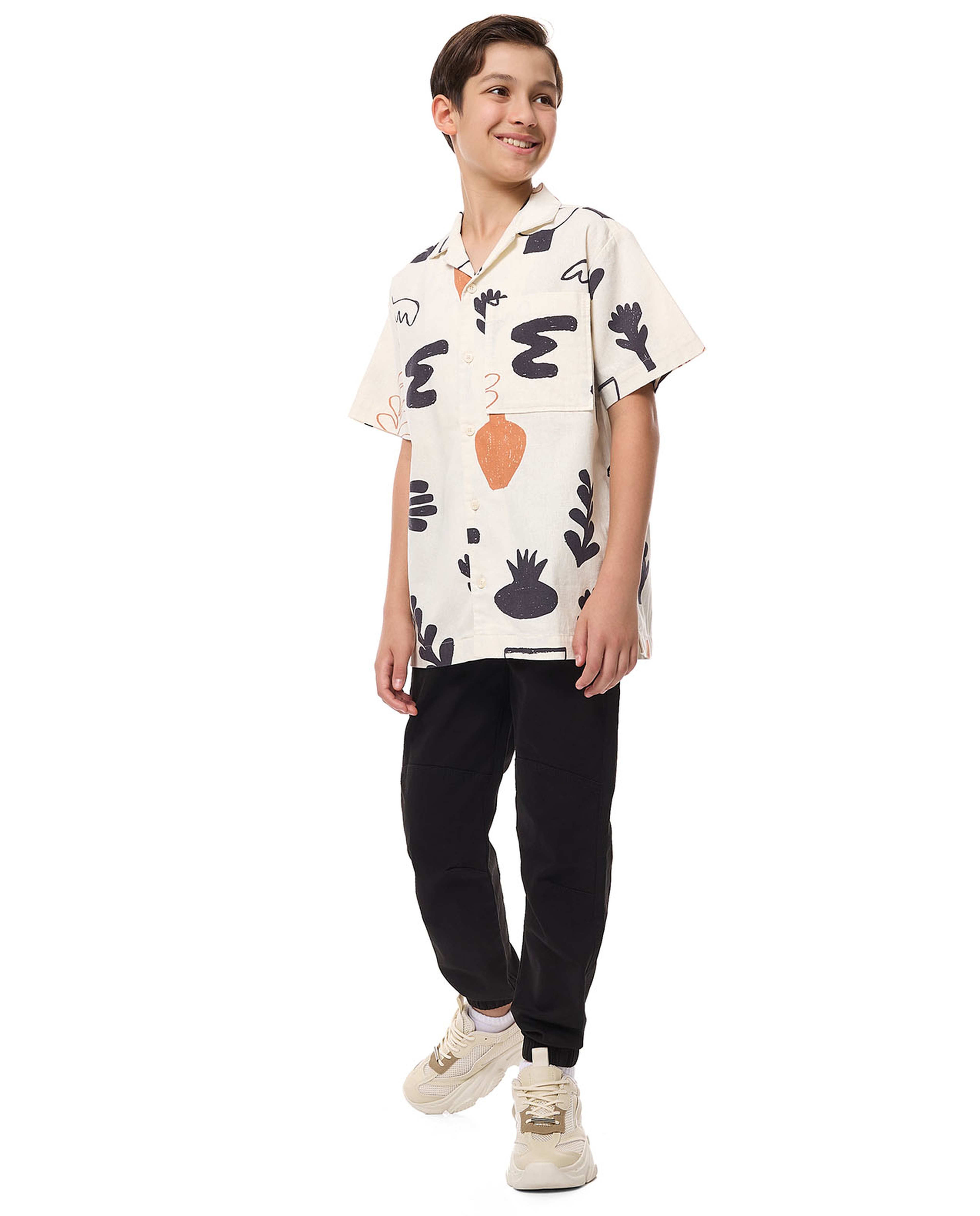 Printed Shirt with Revere Collar and Short Sleeves