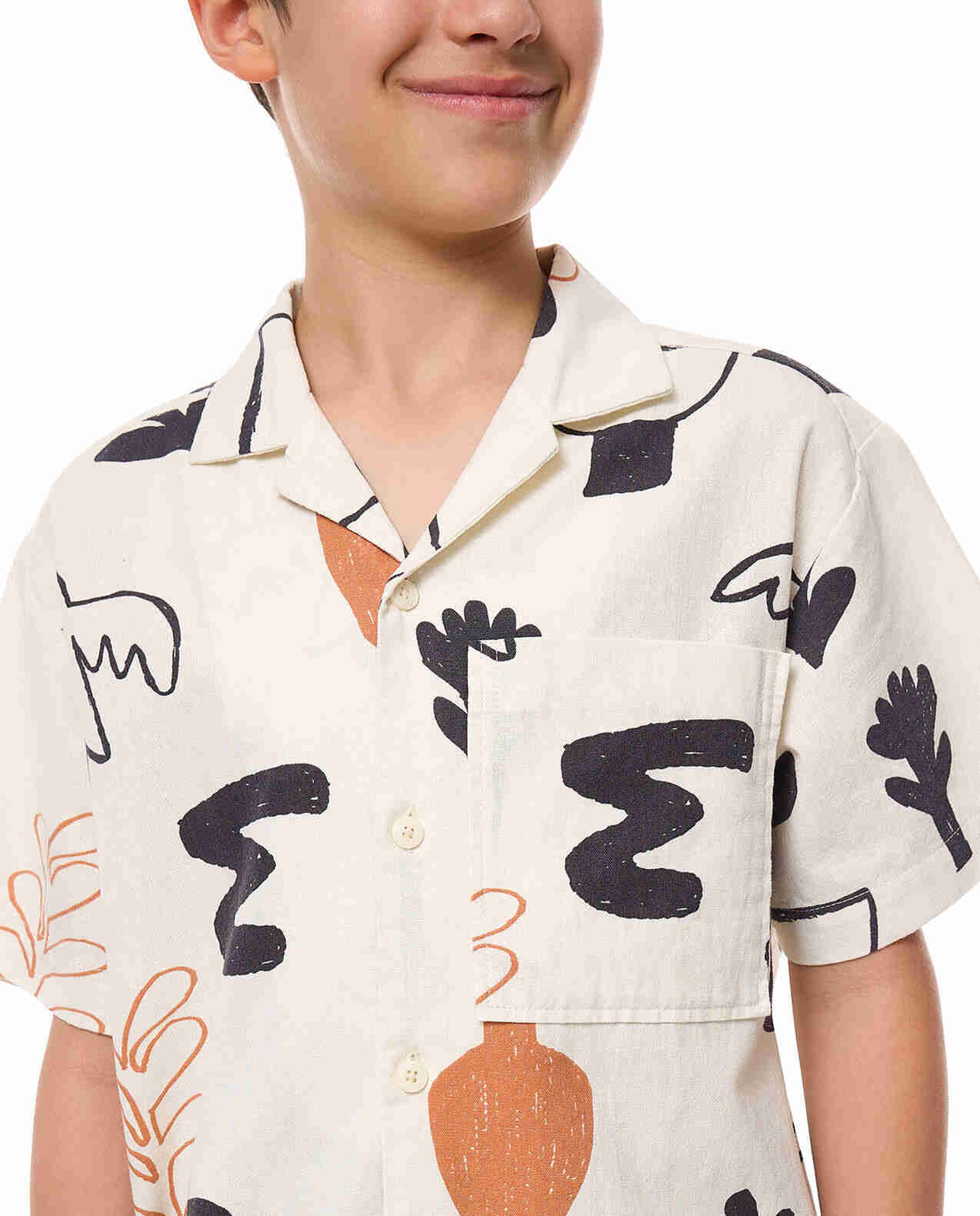 Printed Shirt with Revere Collar and Short Sleeves