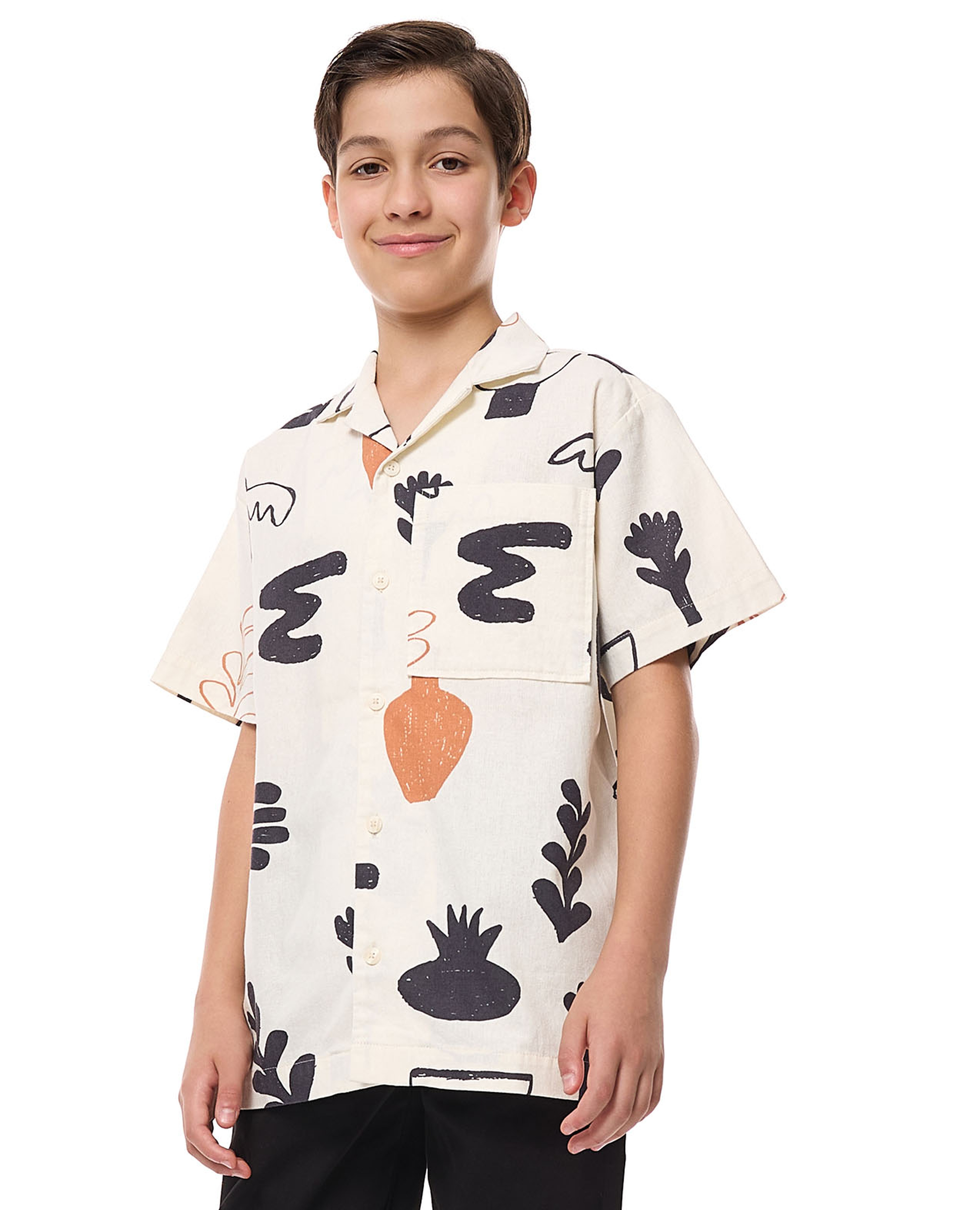Printed Shirt with Revere Collar and Short Sleeves