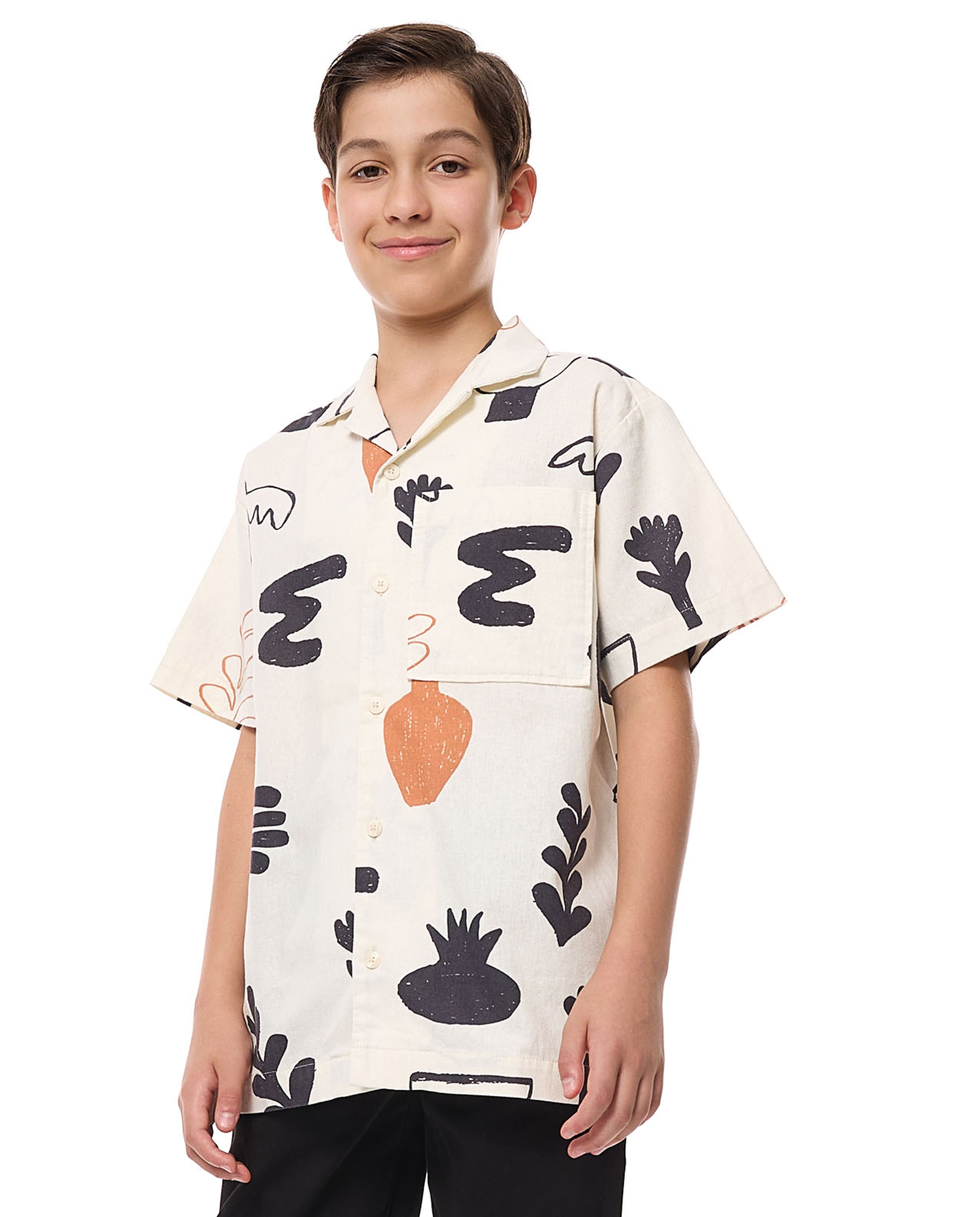 Printed Shirt with Revere Collar and Short Sleeves