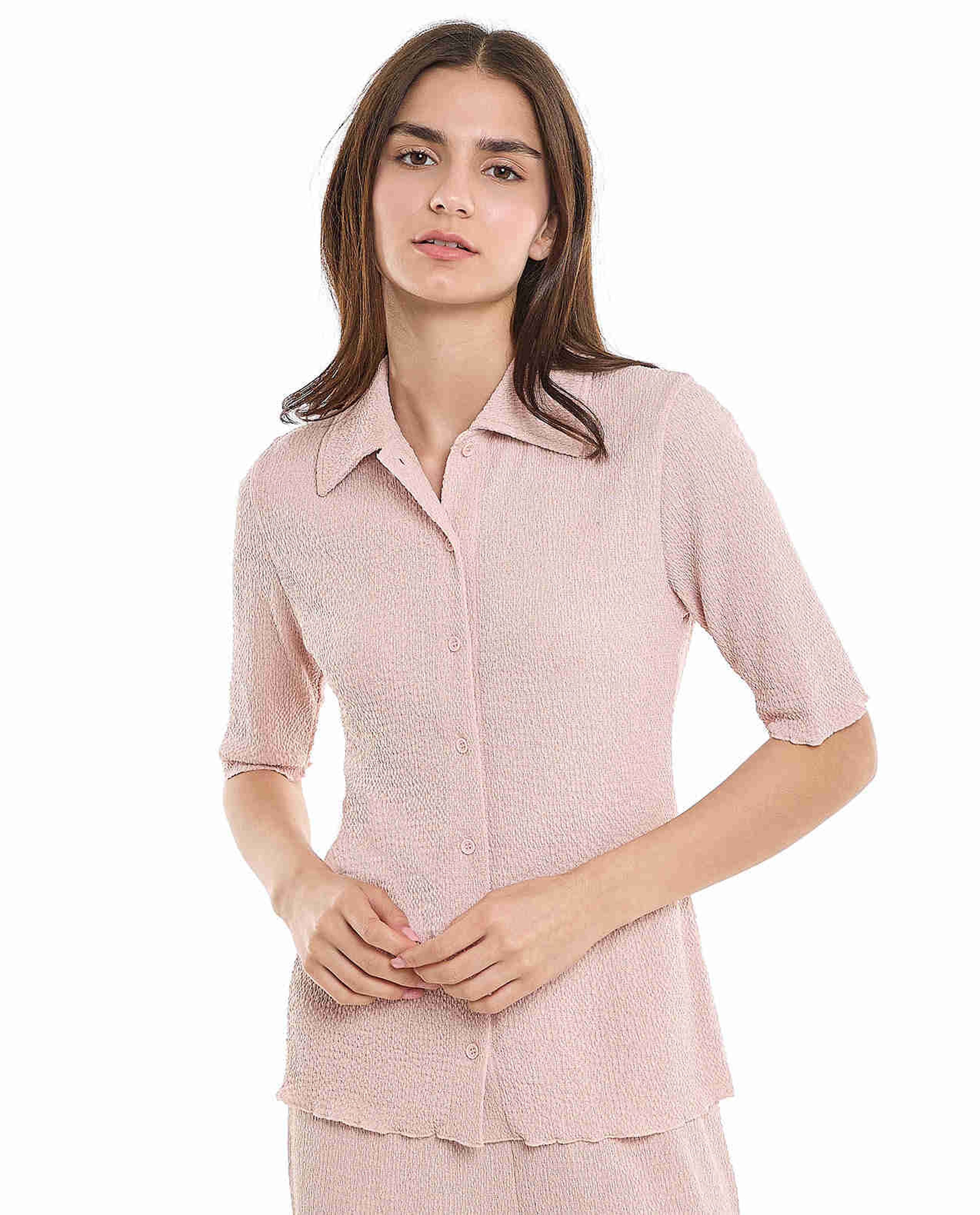 Textured Shirt with Classic Collar and Short Sleeves