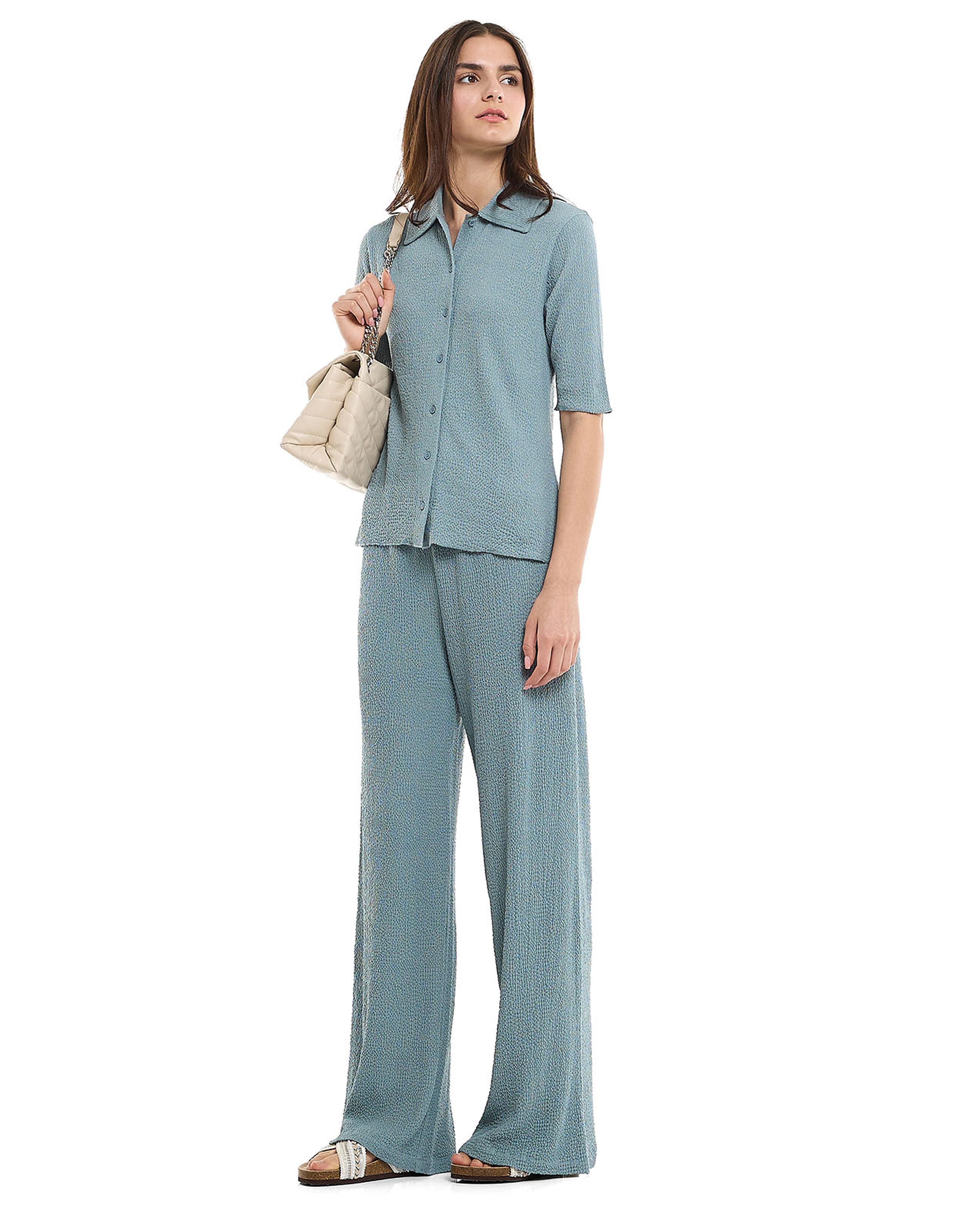Textured Wide Leg Pants with Elastic Waist
