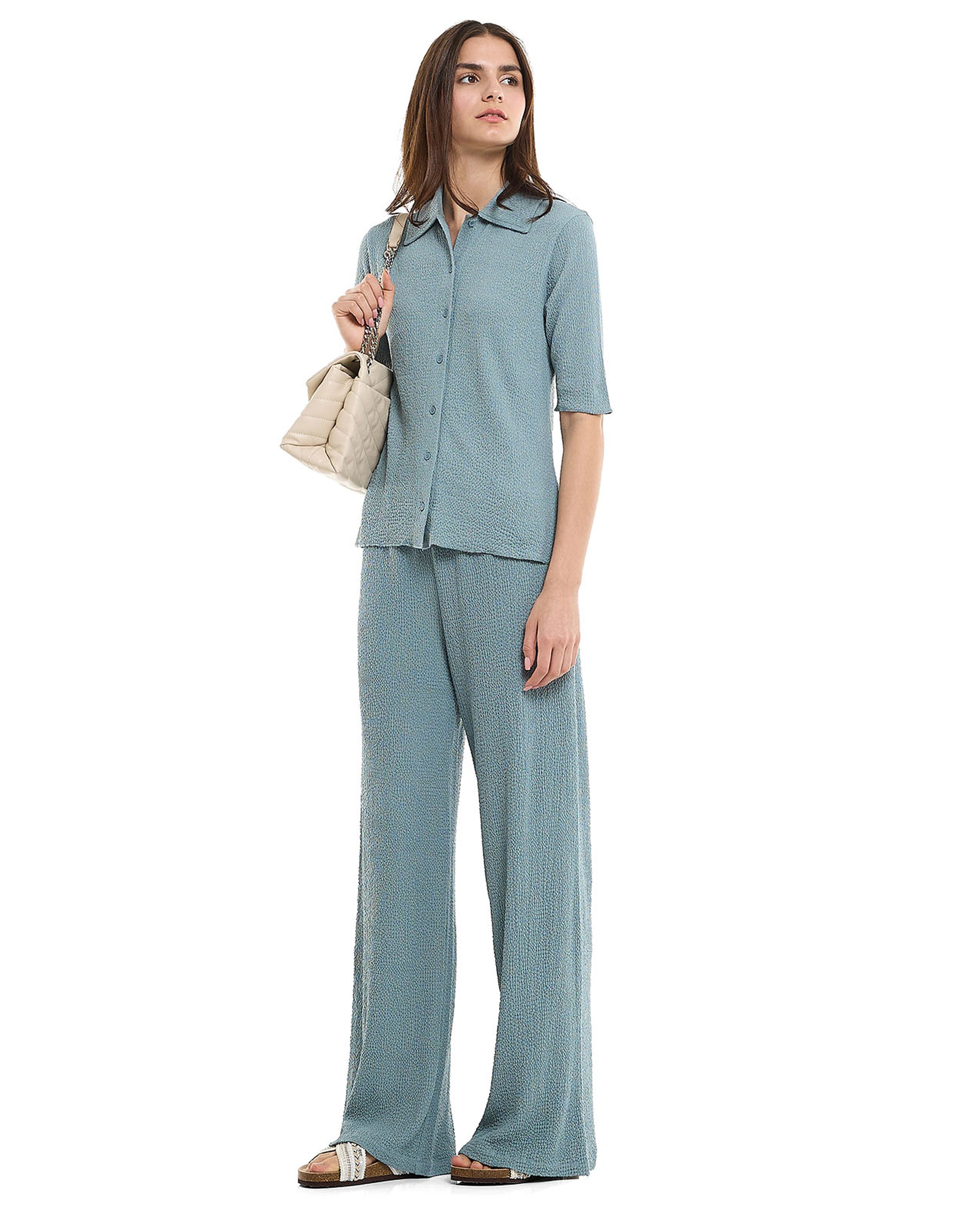 Textured Wide Leg Pants with Elastic Waist