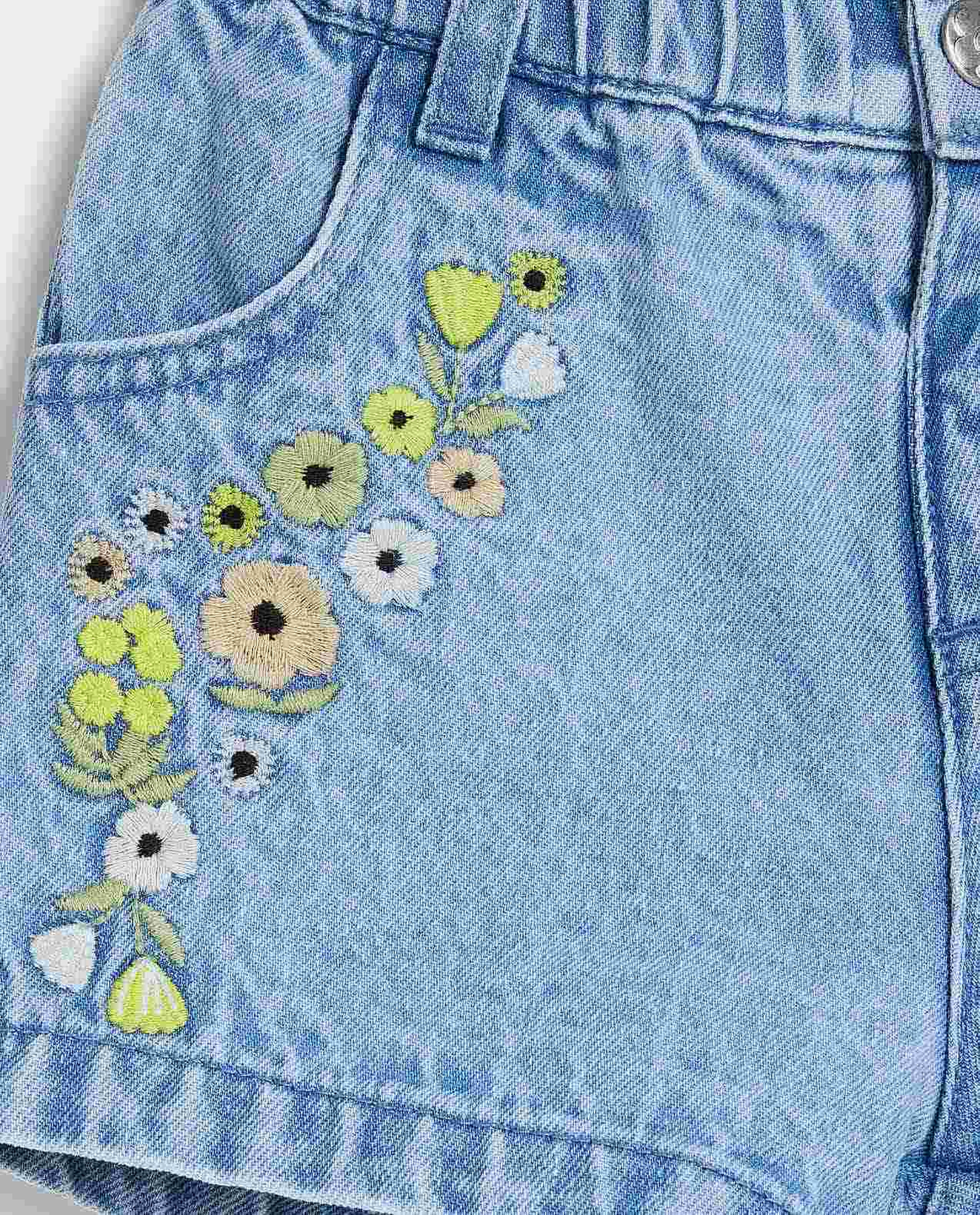 Embroidered Denim Shorts with Button Closure