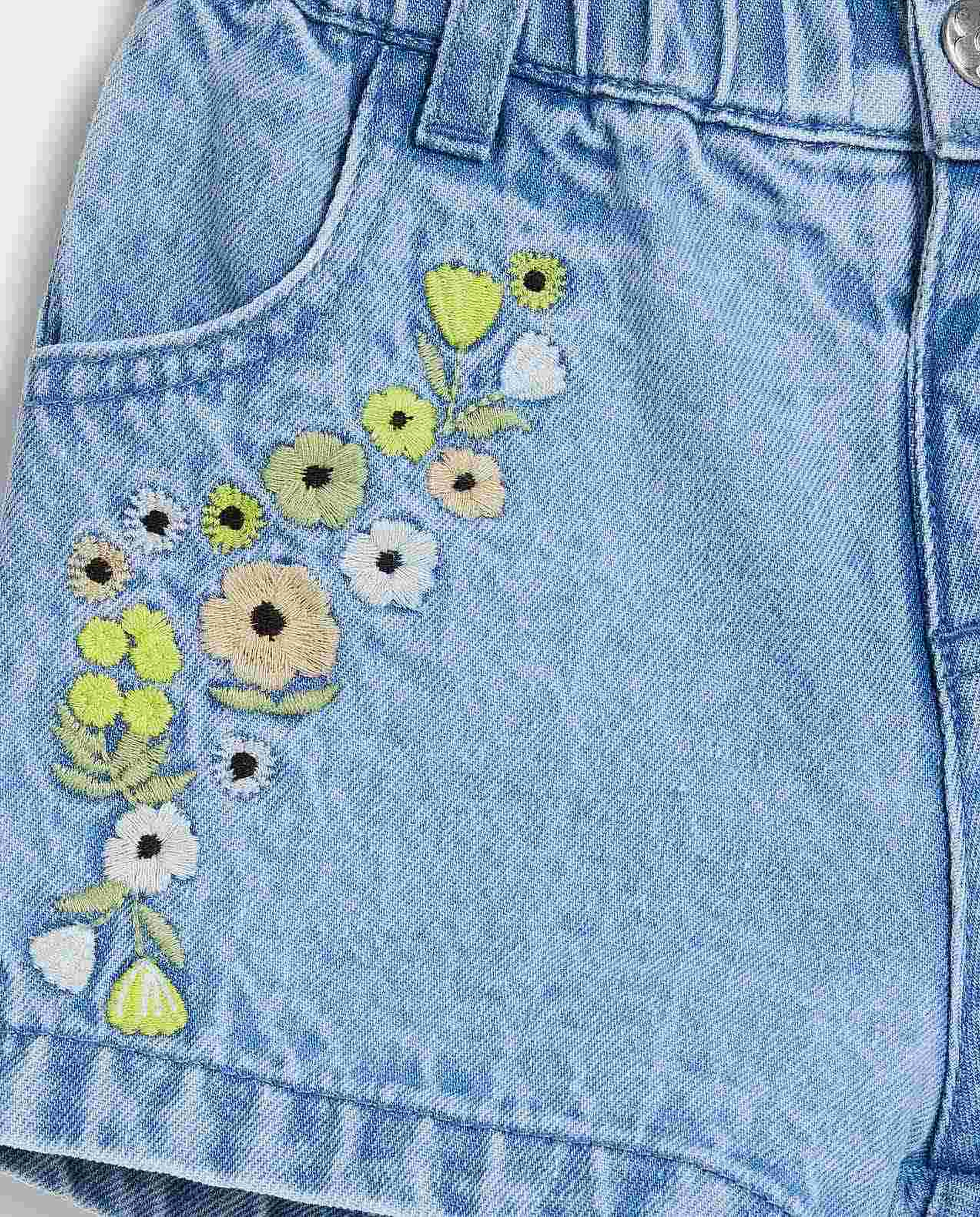 Embroidered Denim Shorts with Button Closure