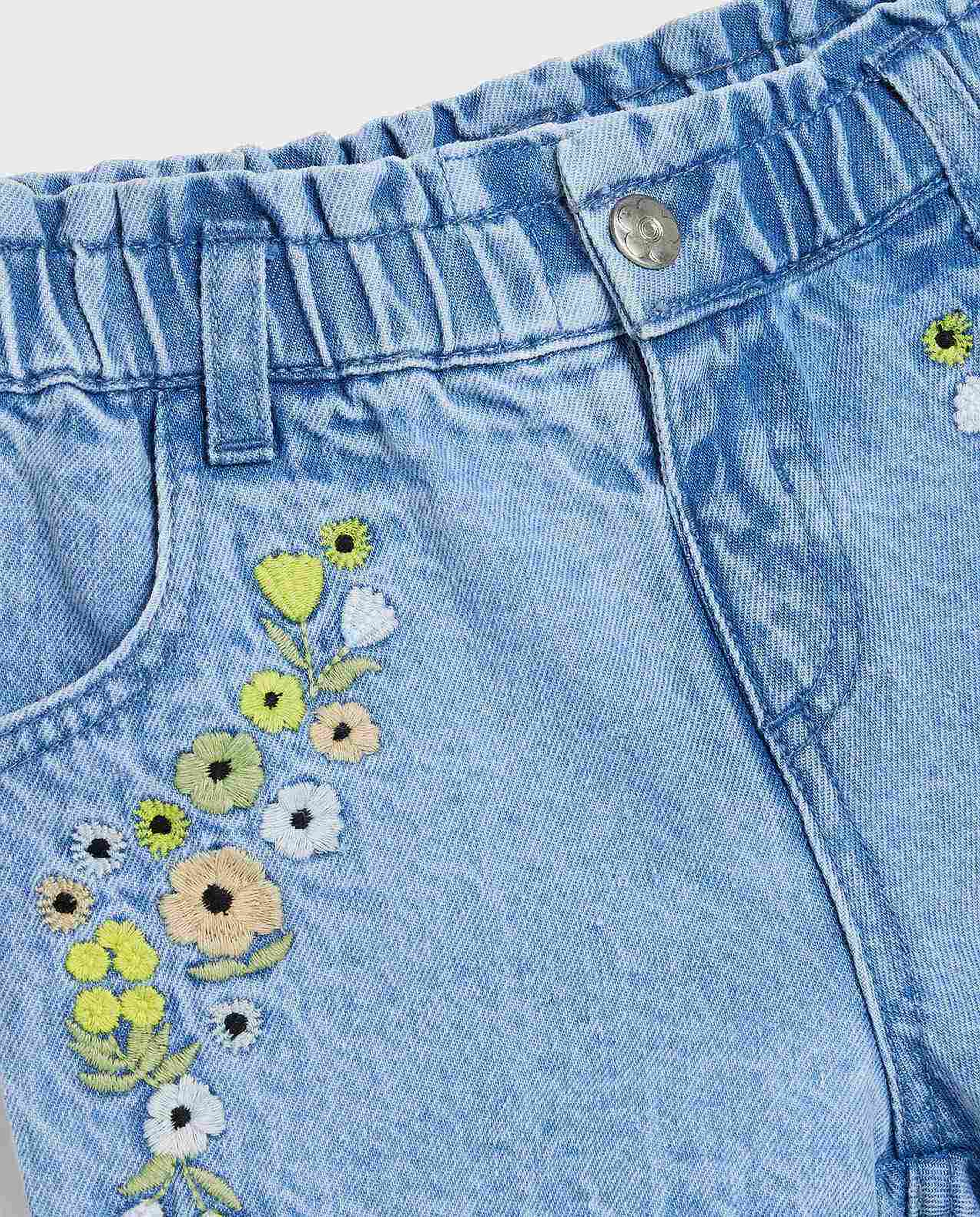 Embroidered Denim Shorts with Button Closure