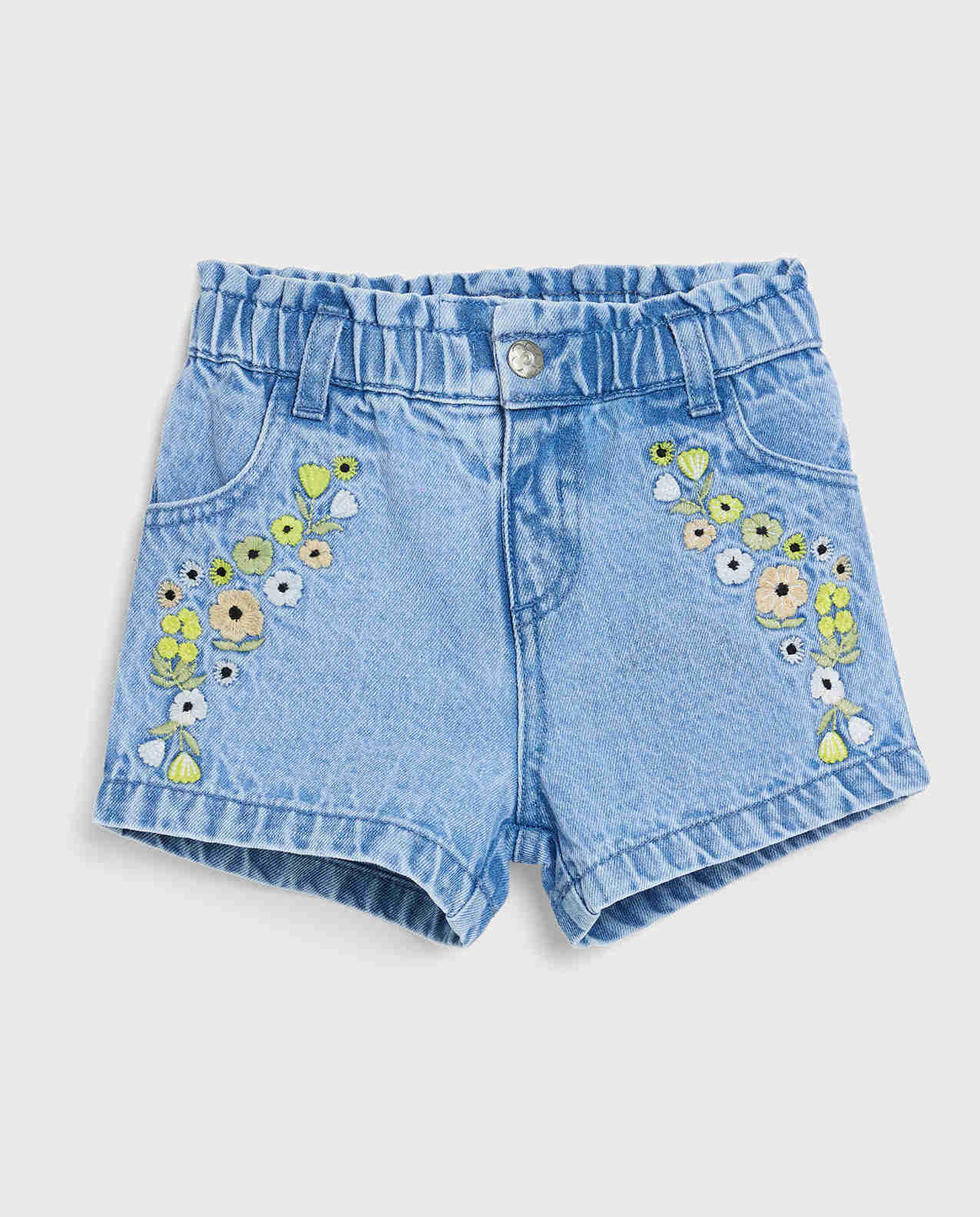 Embroidered Denim Shorts with Button Closure