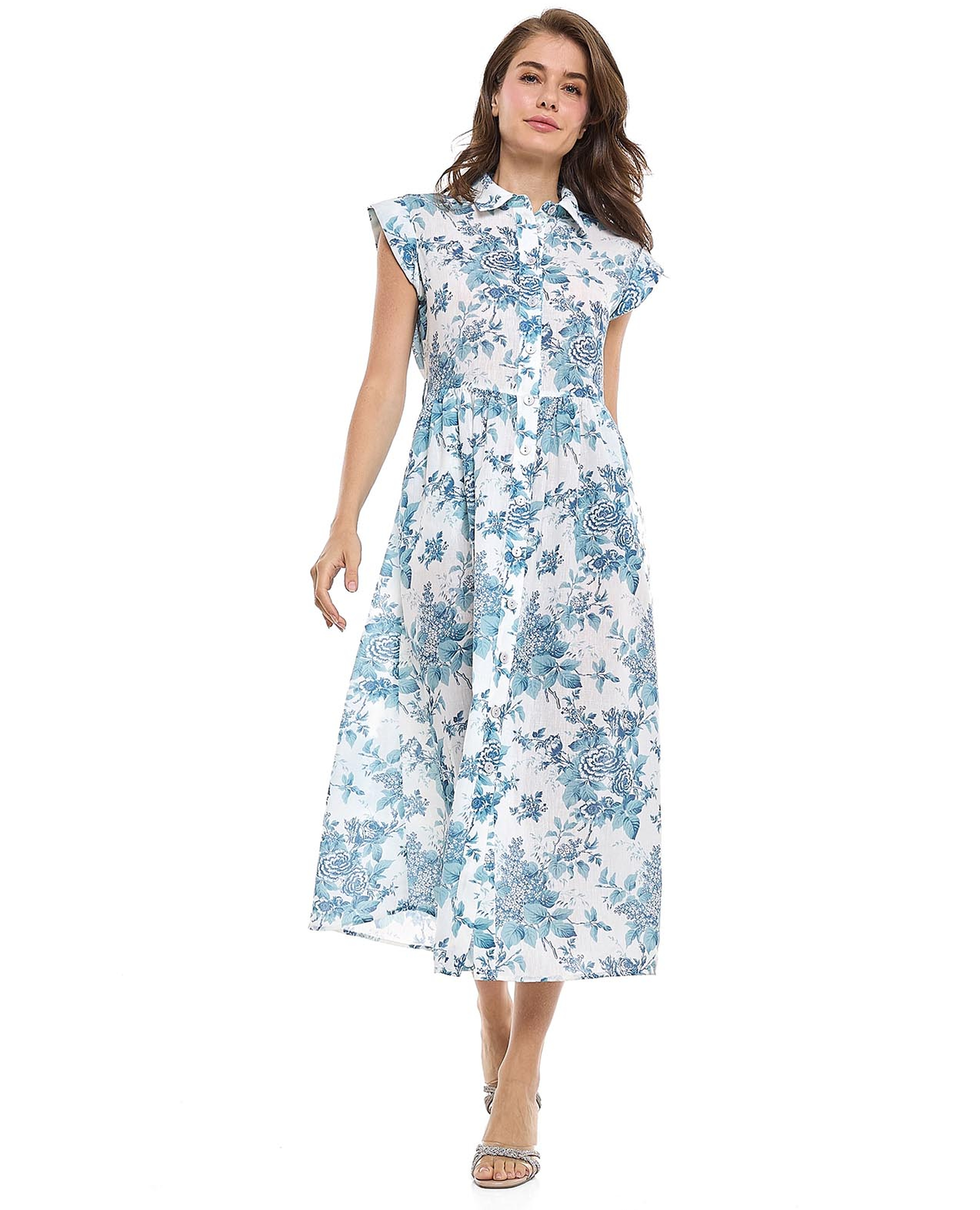 Floral Printed Shirt Dress with Classic Collar and Cap Sleeves