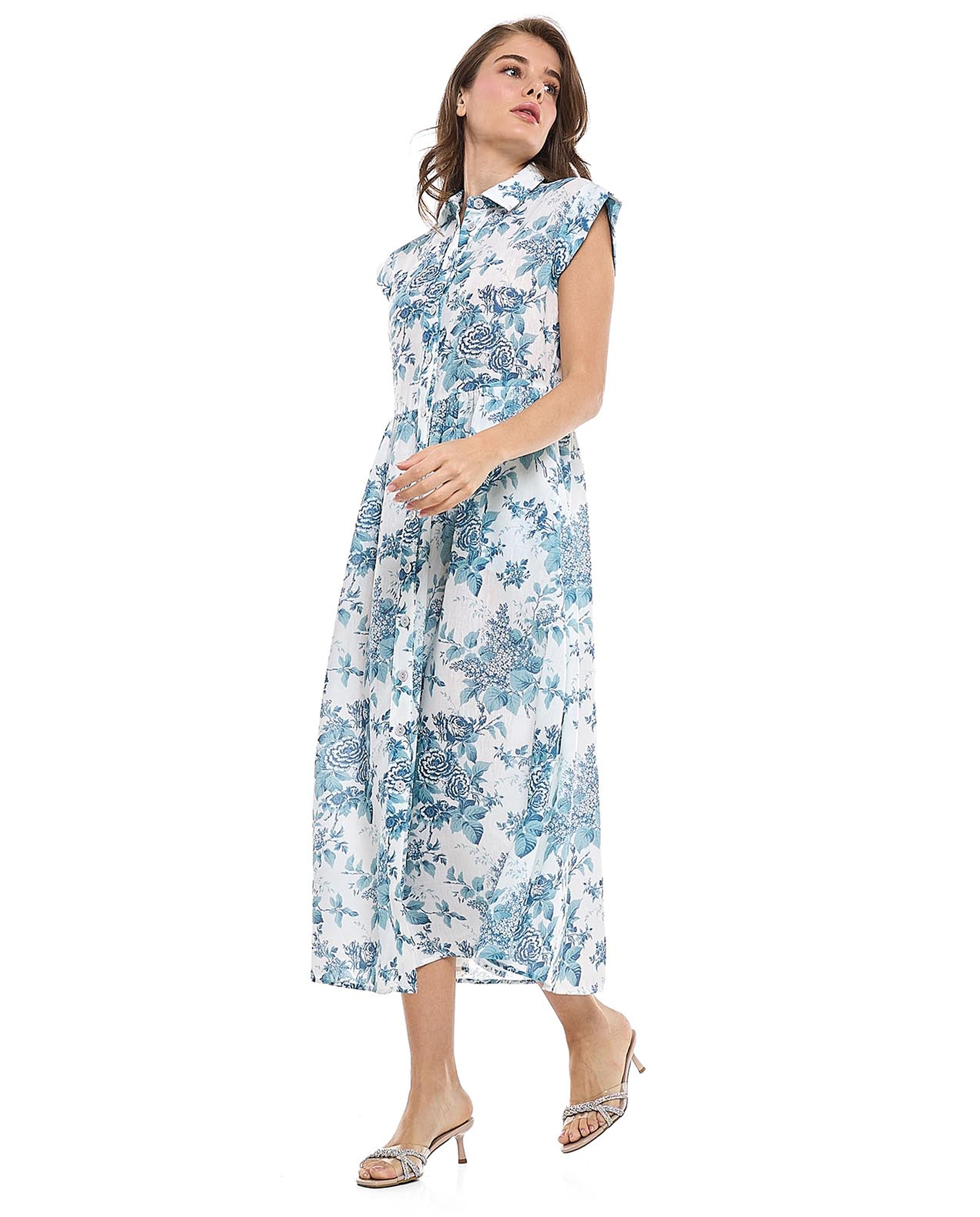 فستان قميص بياقة كلاسيكية وأكمام كاب