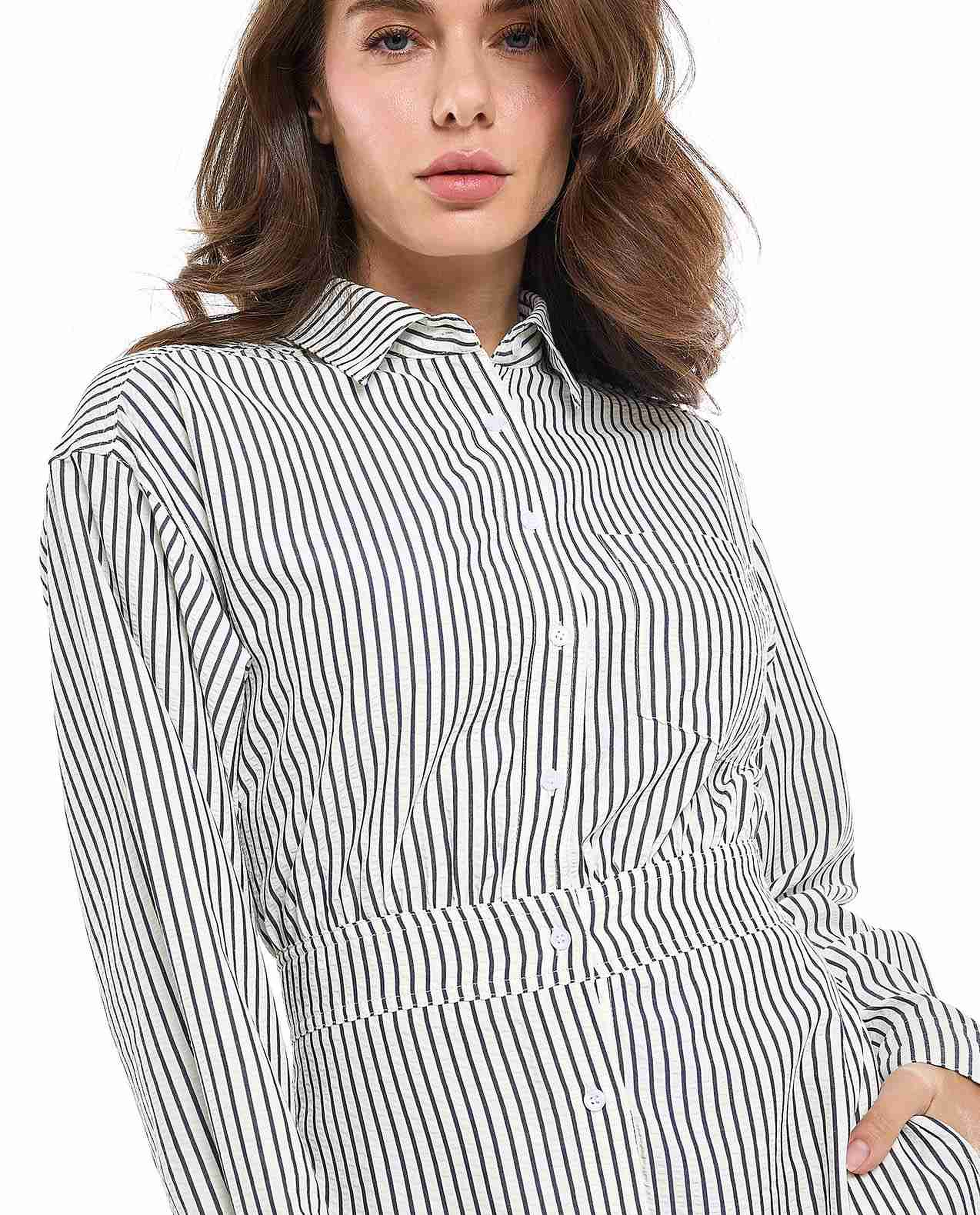 Striped Shirt Dress with Classic Collar and Long Sleeves