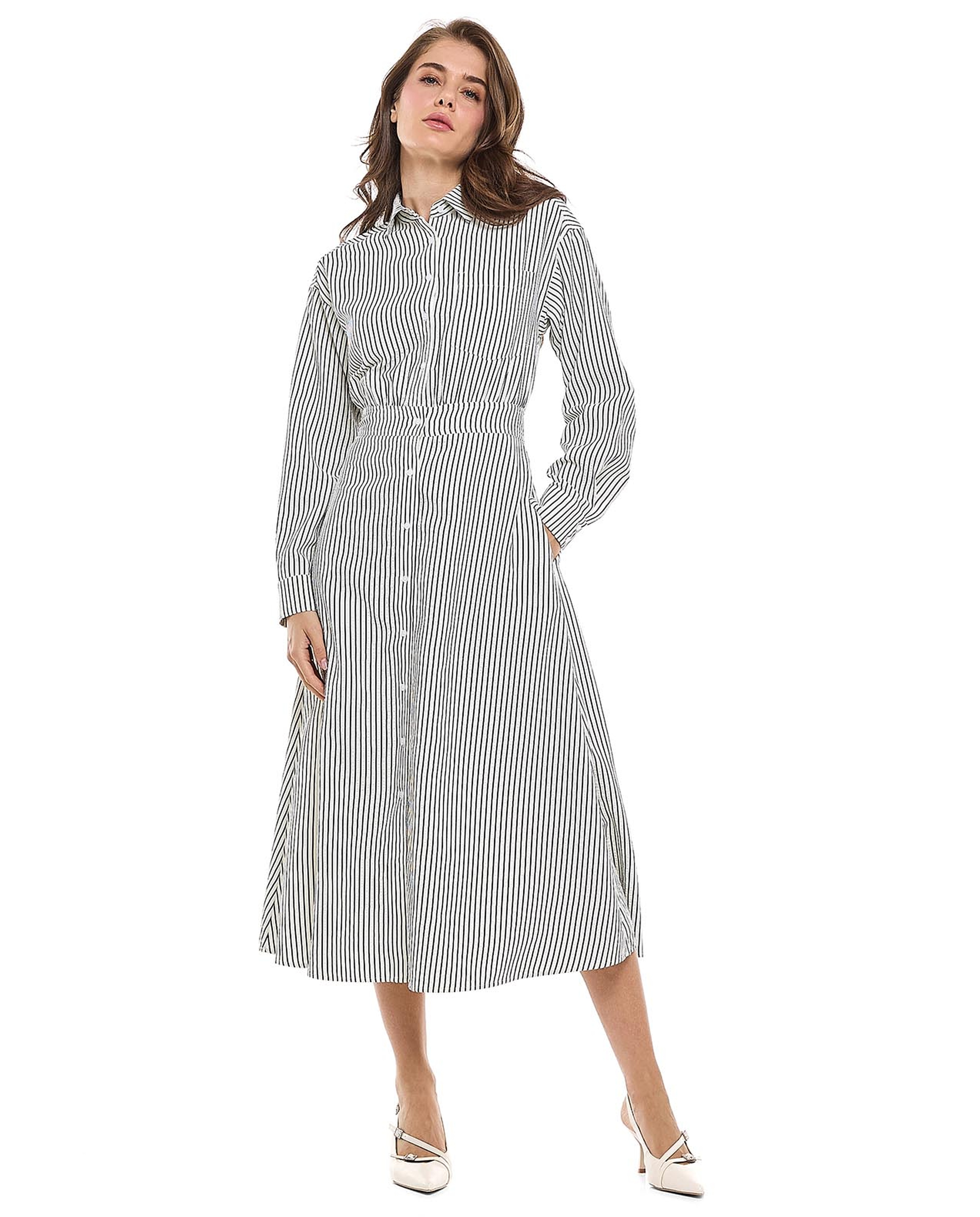 Striped Shirt Dress with Classic Collar and Long Sleeves