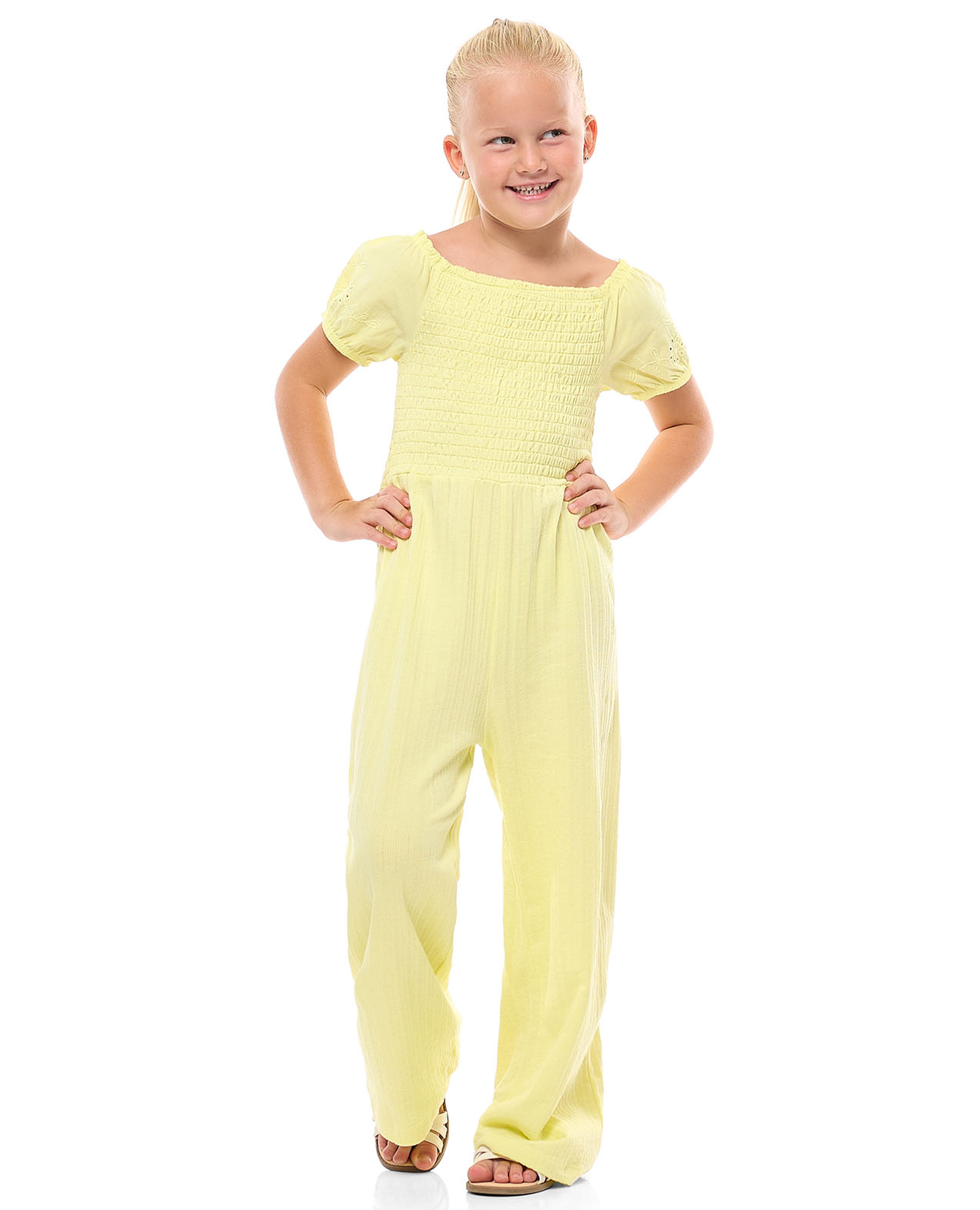 Smocked Jumpsuit with Square Neck and Puff Sleeves