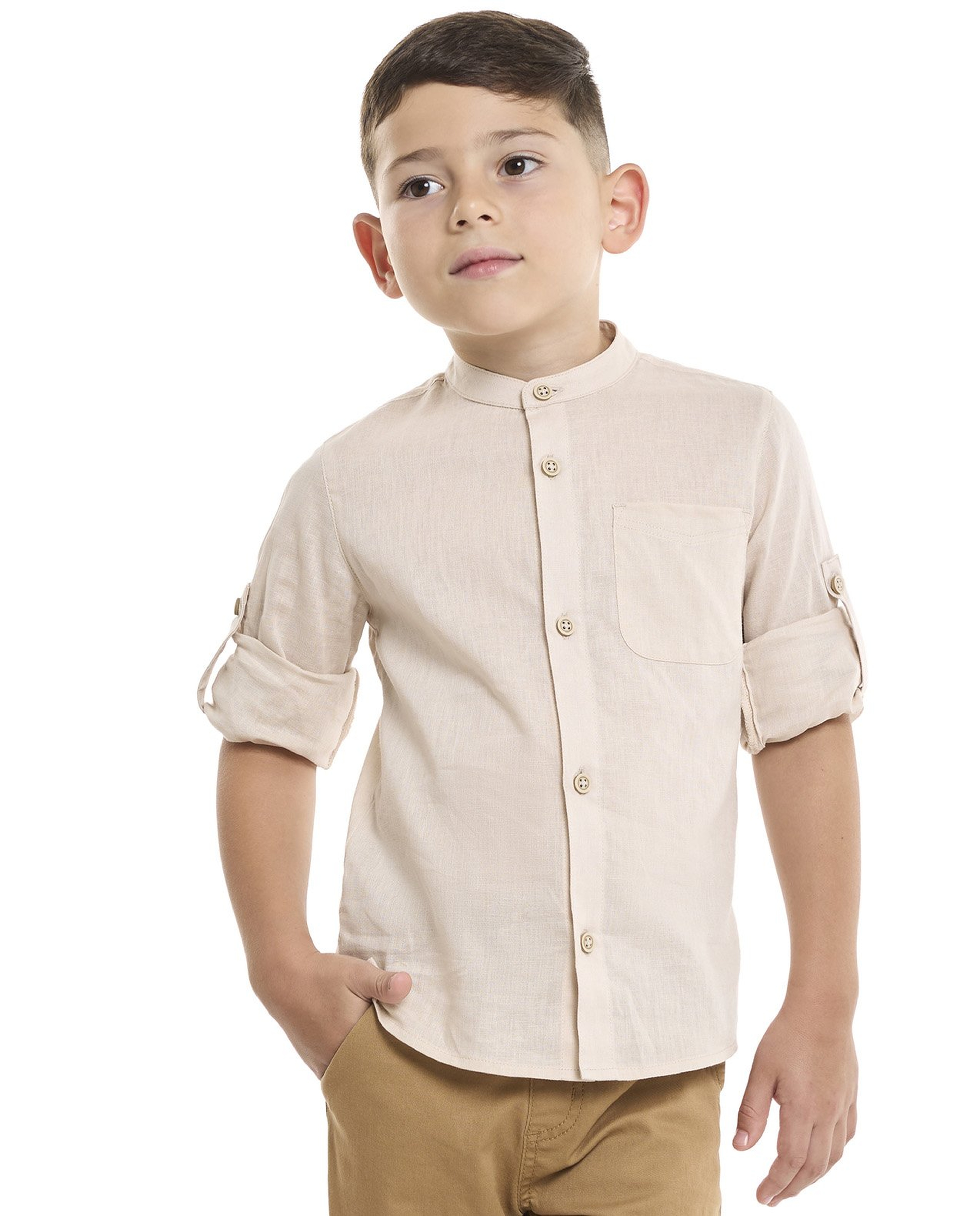 Pocket Detail Shirt with Mandarin Collar and Long Sleeves