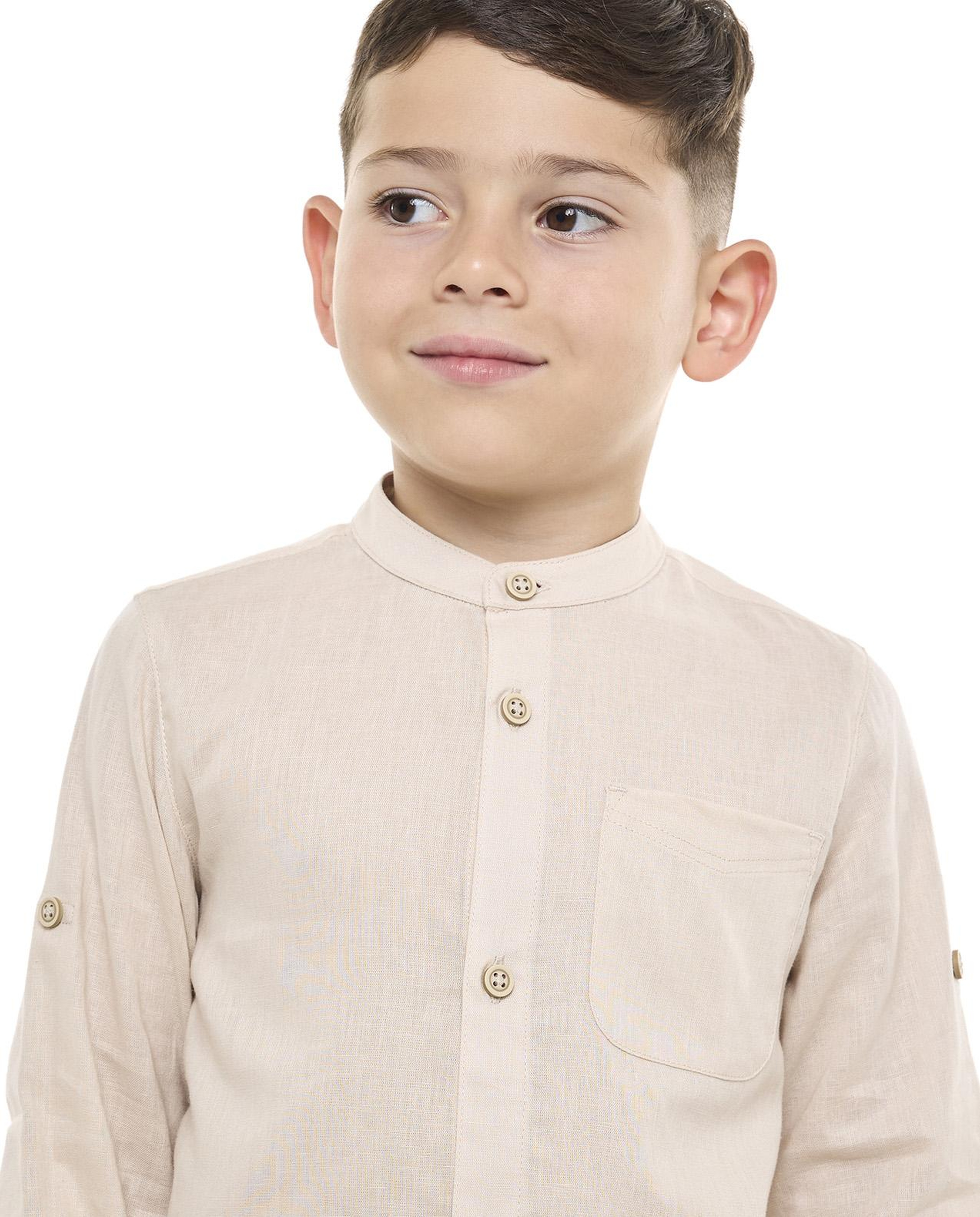 Pocket Detail Shirt with Mandarin Collar and Long Sleeves