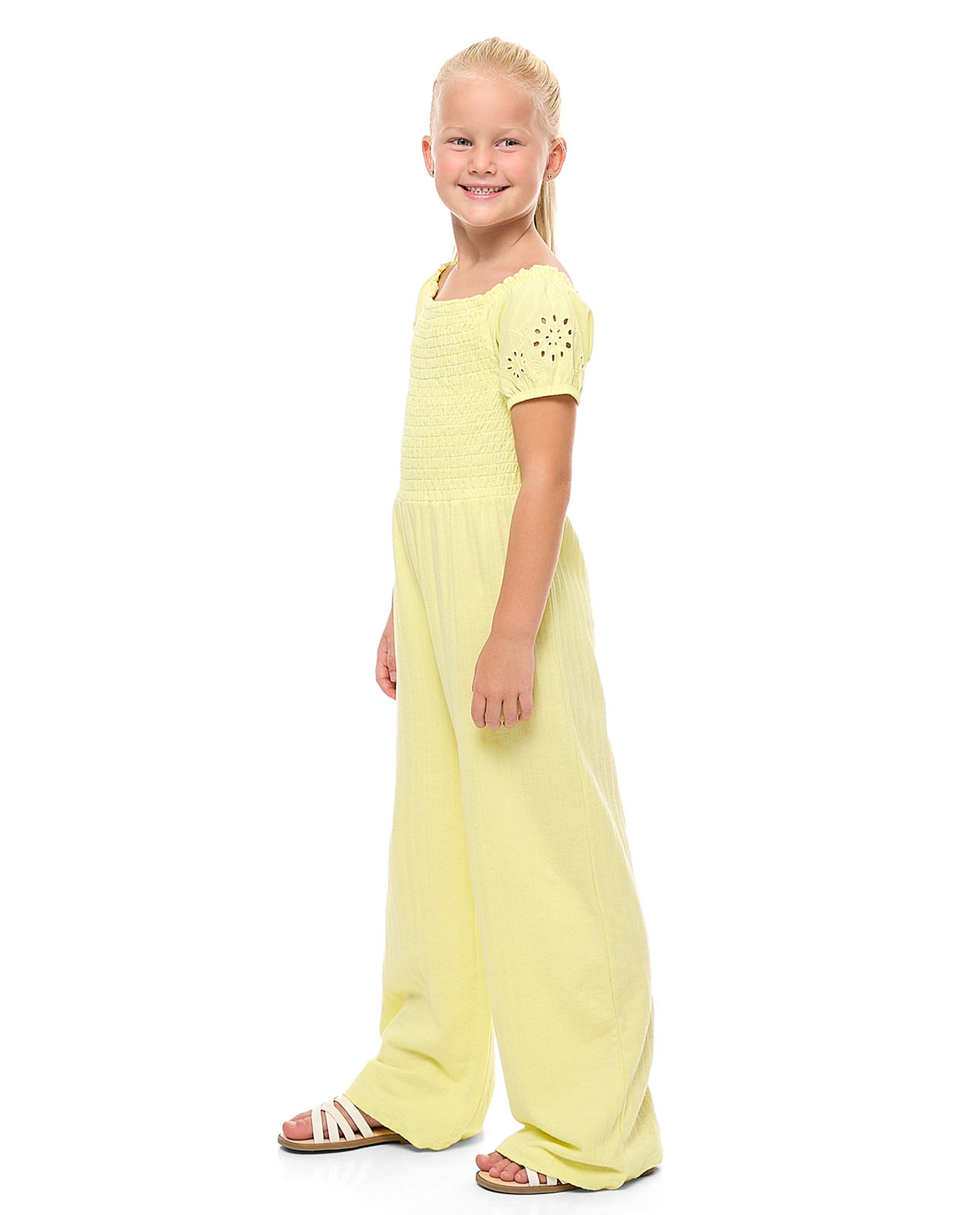 Smocked Jumpsuit with Square Neck and Puff Sleeves