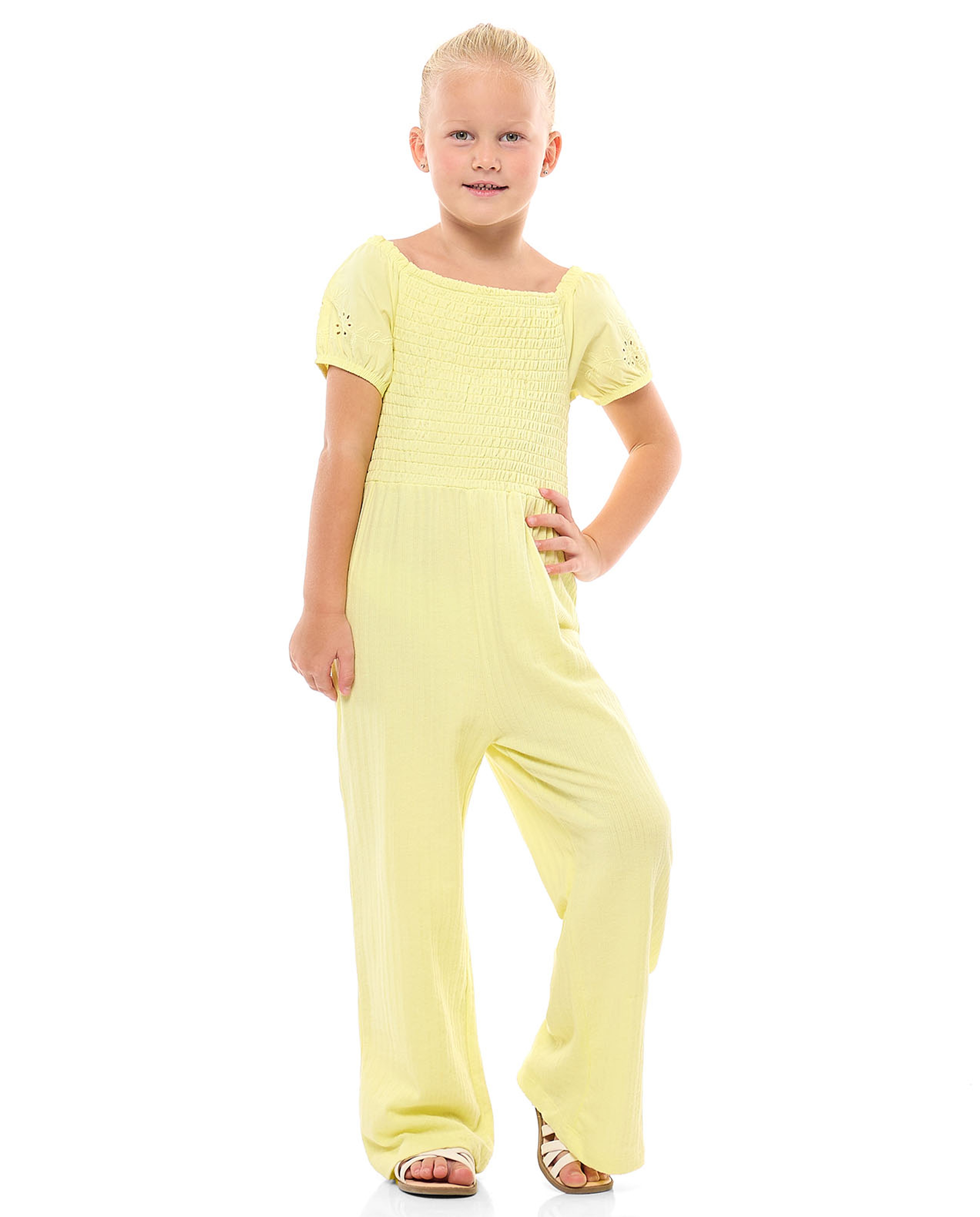 Smocked Jumpsuit with Square Neck and Puff Sleeves