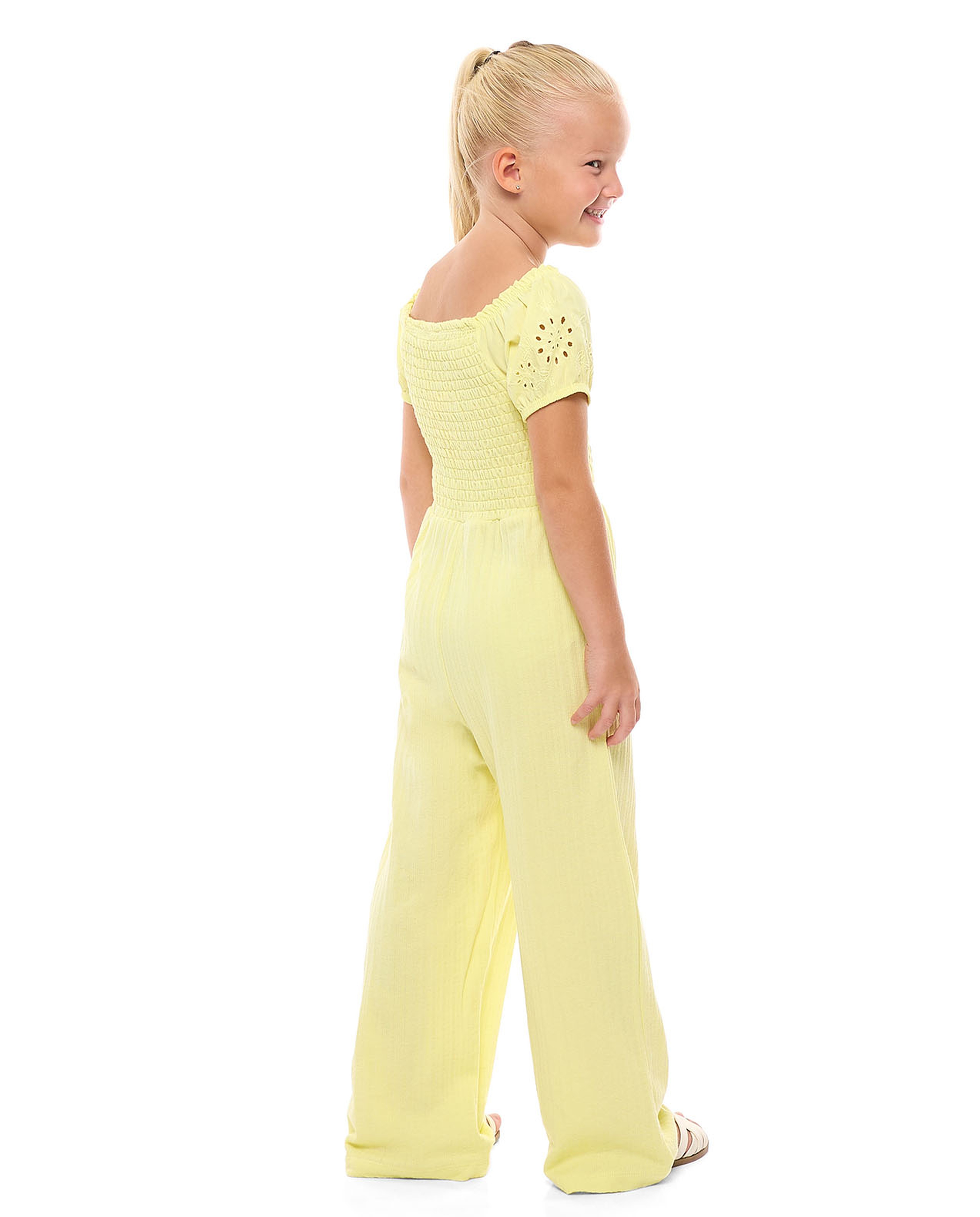 Smocked Jumpsuit with Square Neck and Puff Sleeves