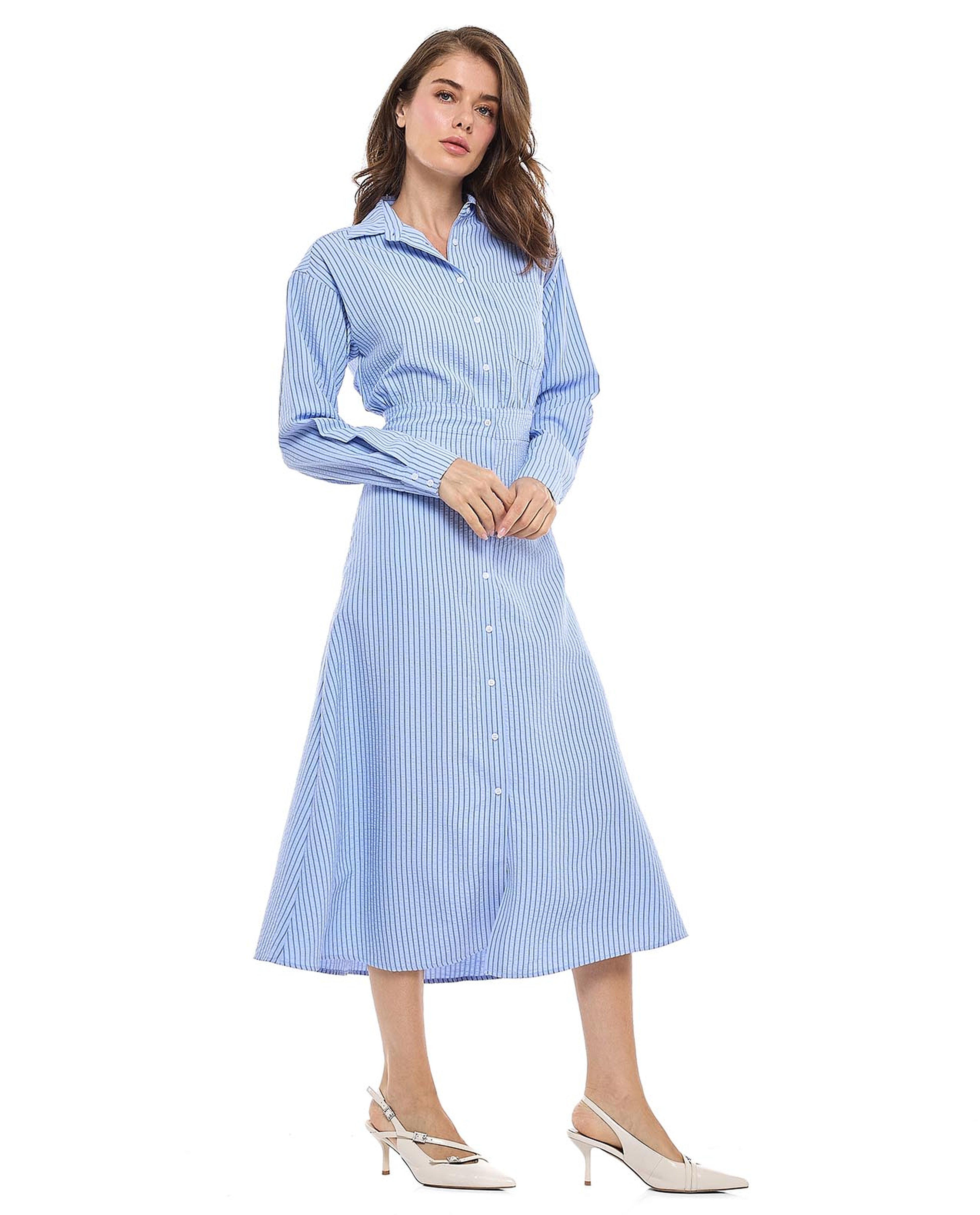 Striped Shirt Dress with Classic Collar and Long Sleeves