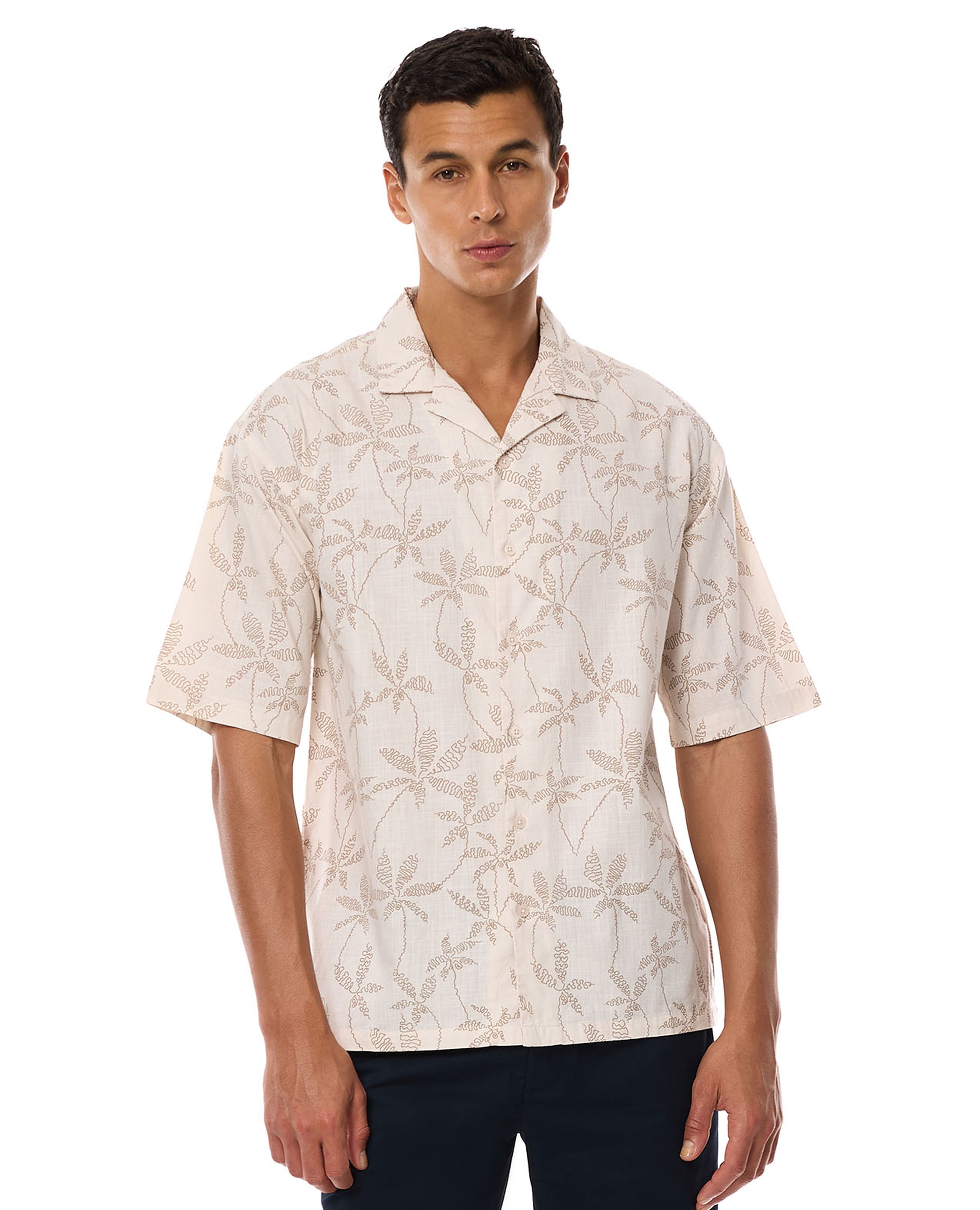 Printed Shirt with Revere Collar and Short Sleeves