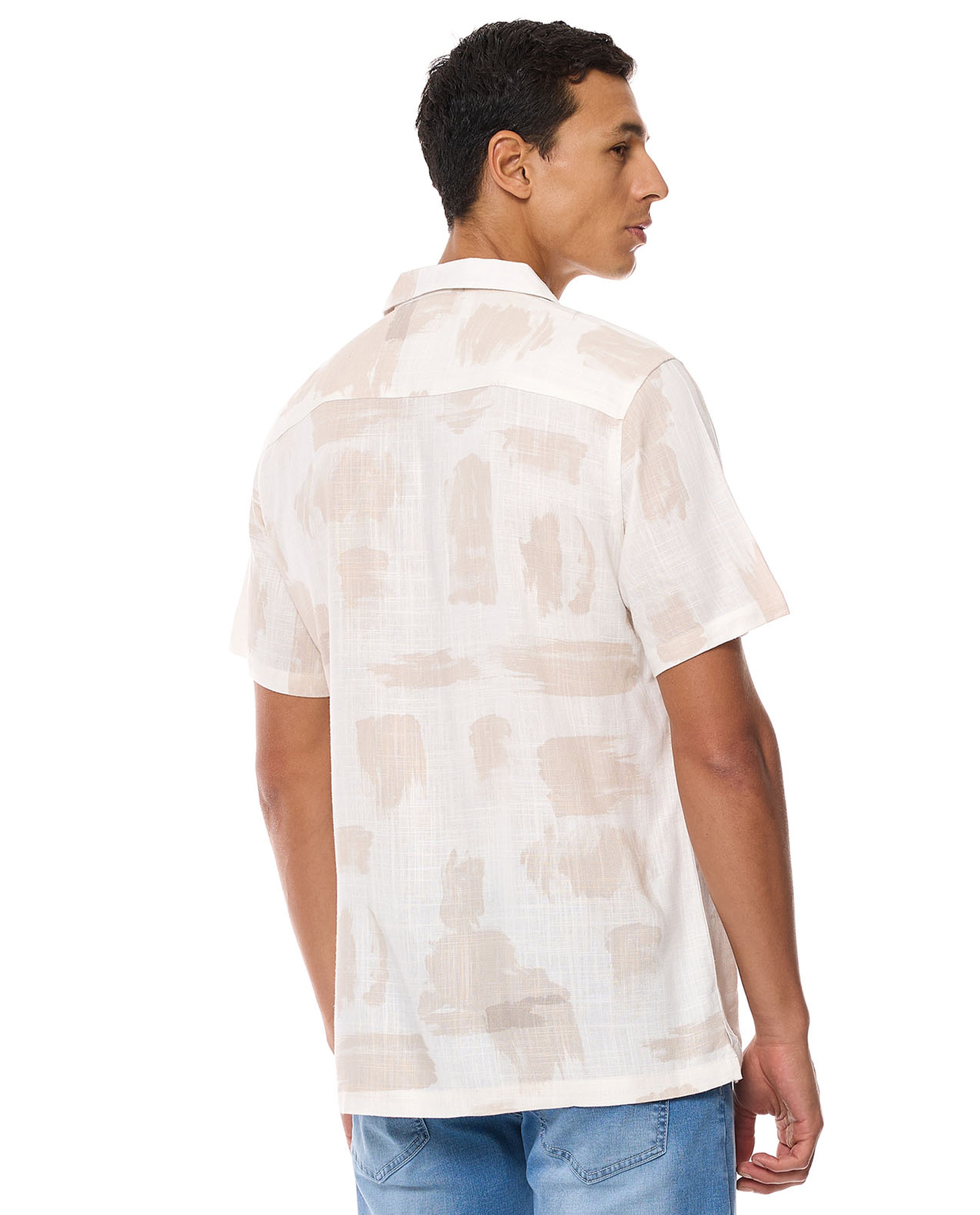 Patterned Shirt with Revere Collar and Short Sleeves