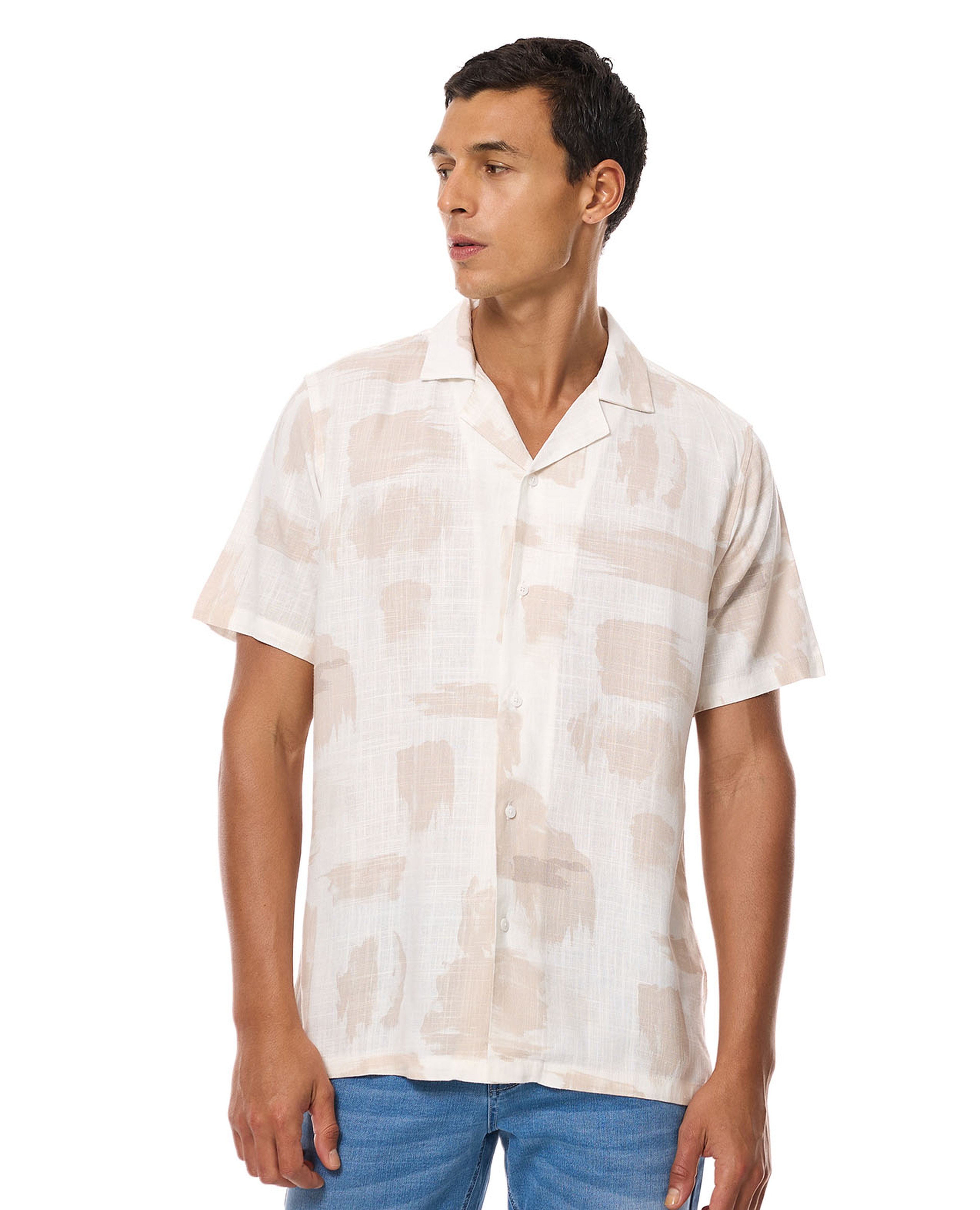Patterned Shirt with Revere Collar and Short Sleeves