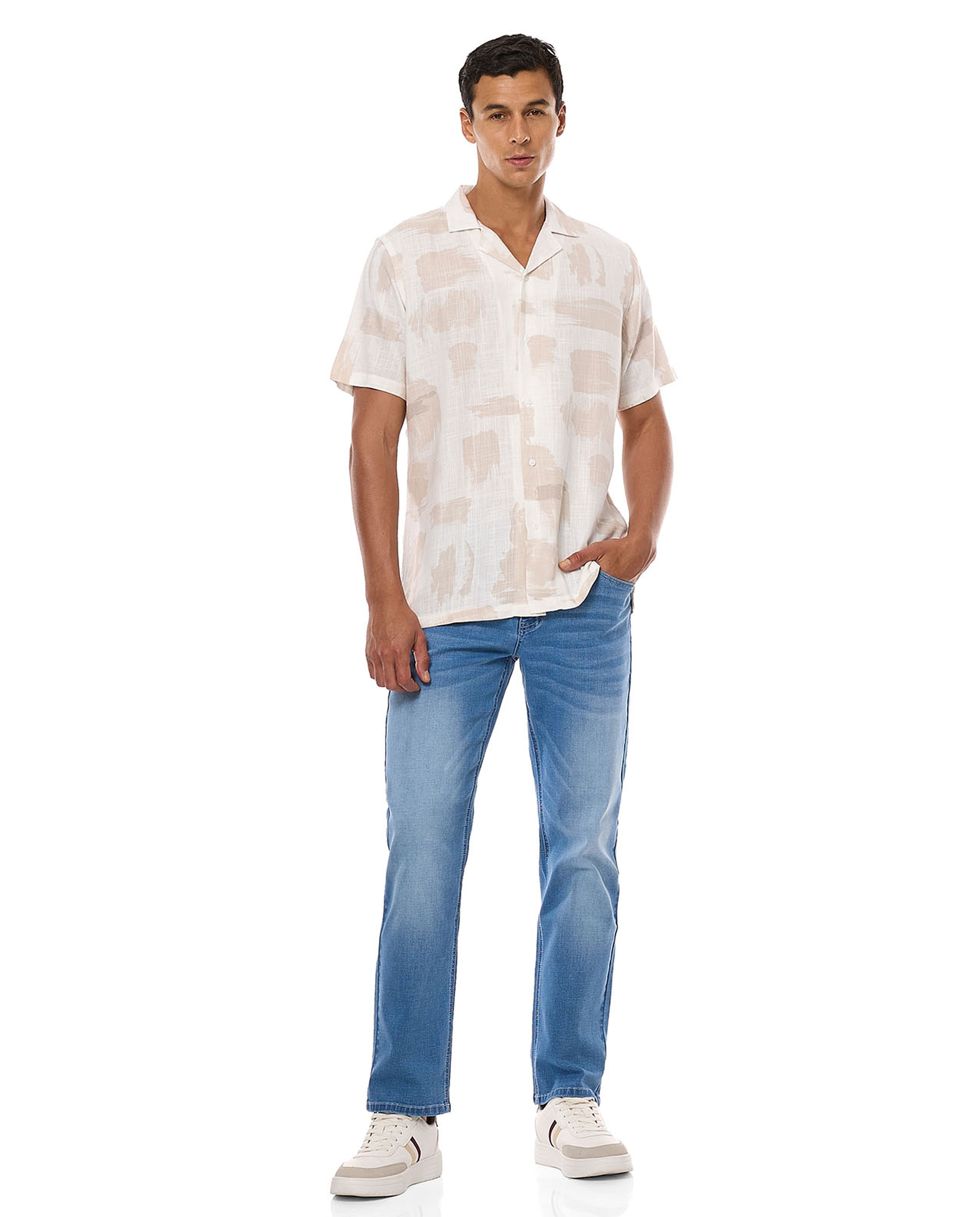 Patterned Shirt with Revere Collar and Short Sleeves