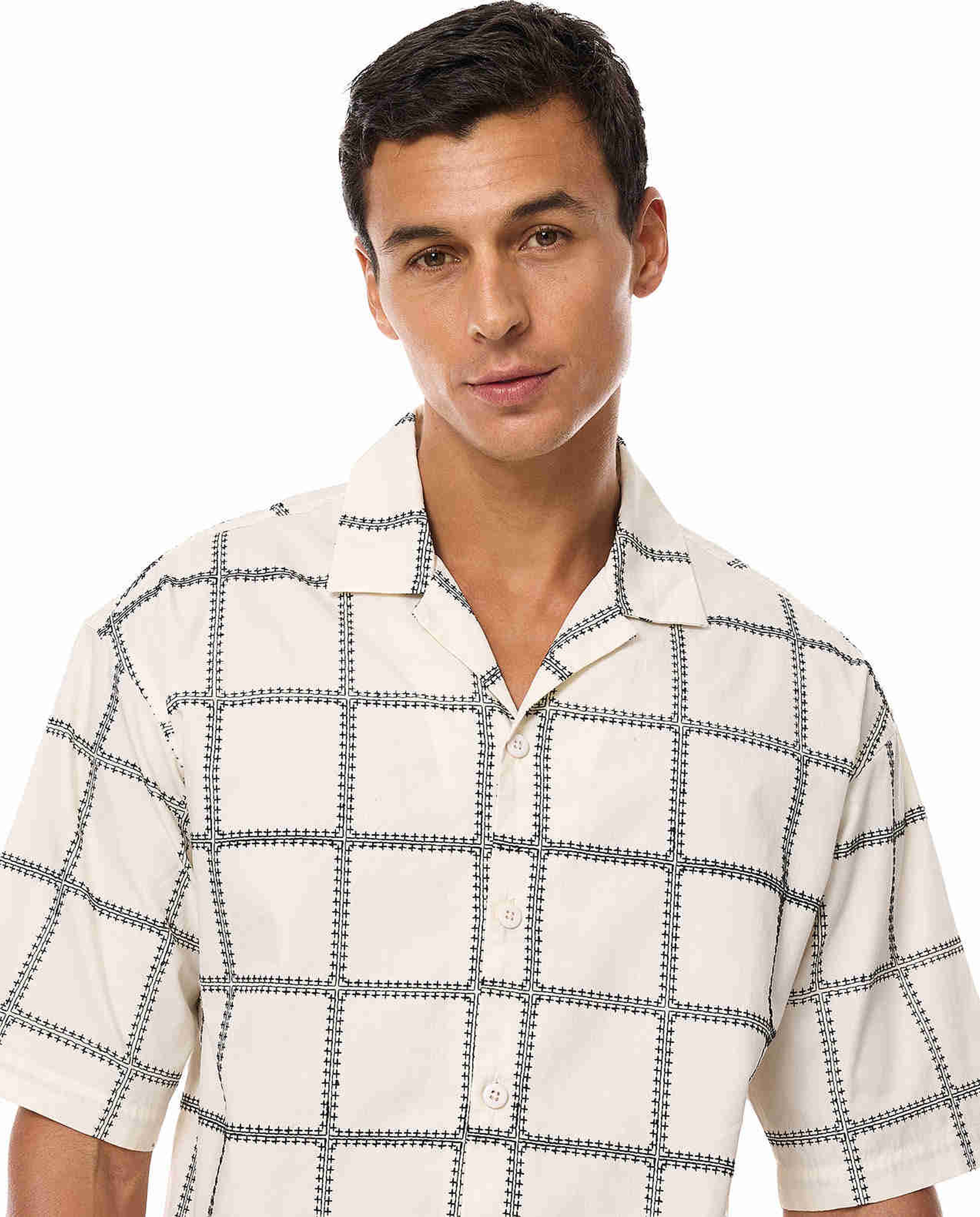 Embroidered Shirt with Revere Collar and Short Sleeves