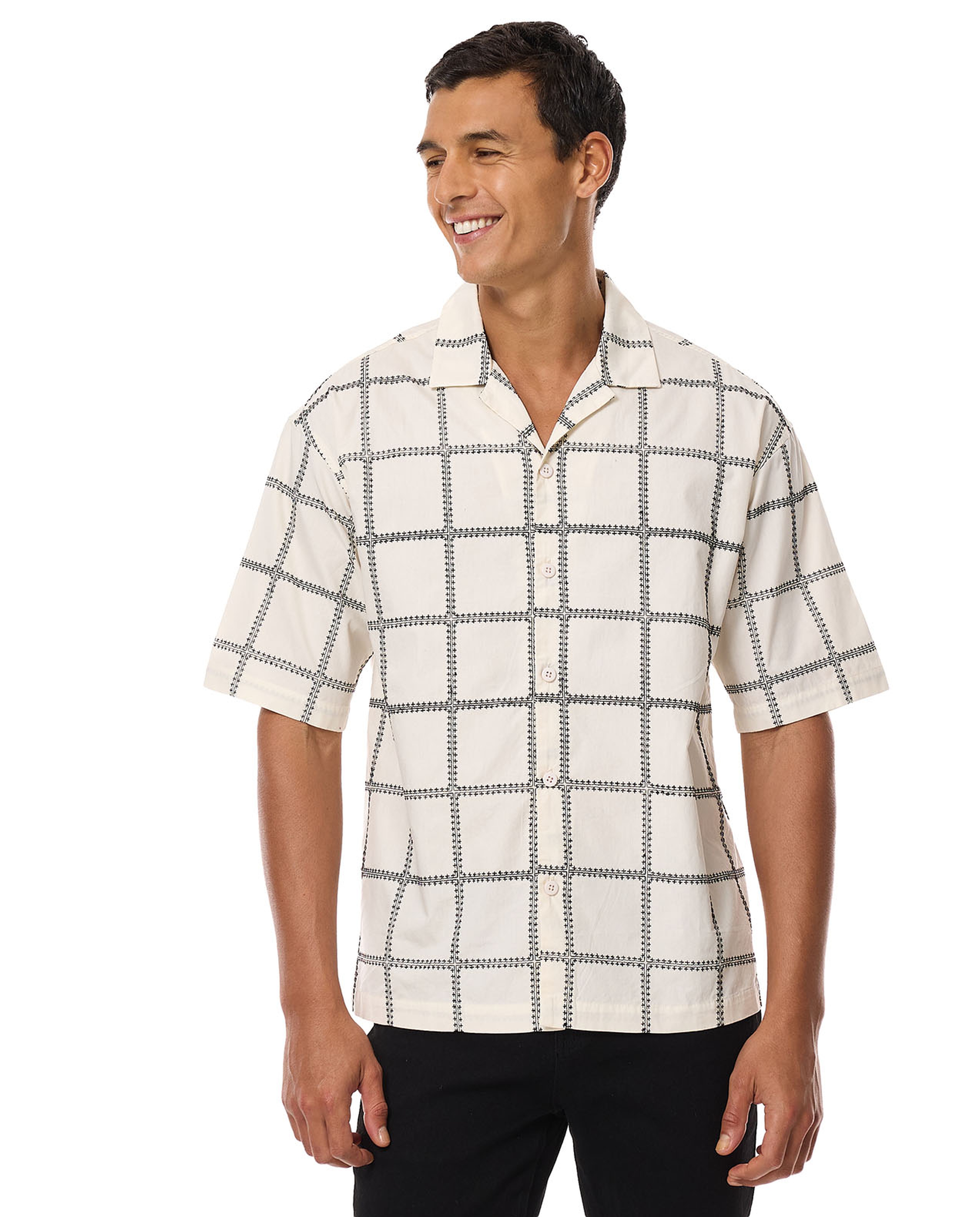 Embroidered Shirt with Revere Collar and Short Sleeves