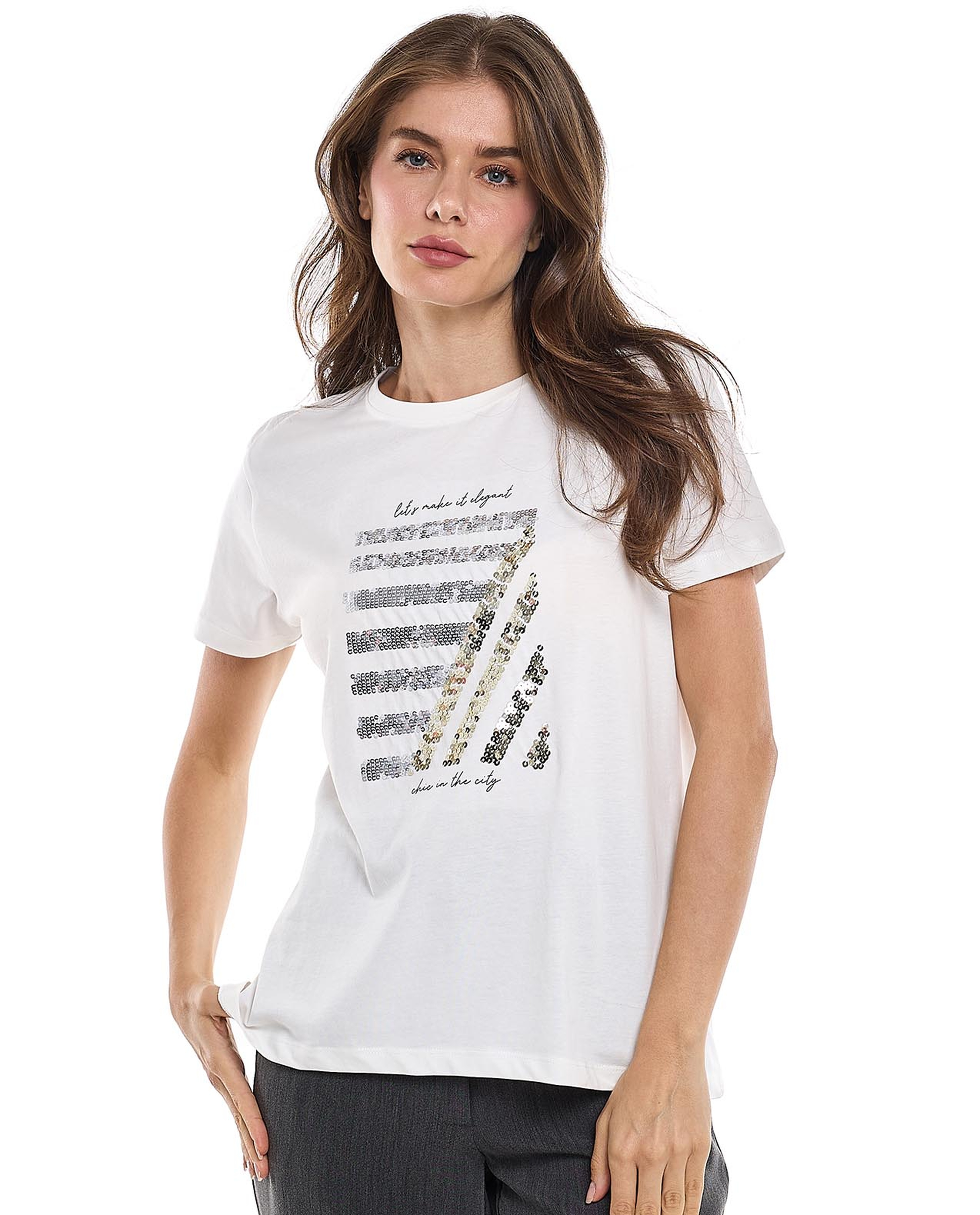 Sequined T-Shirt with Crew Neck and Short Sleeves