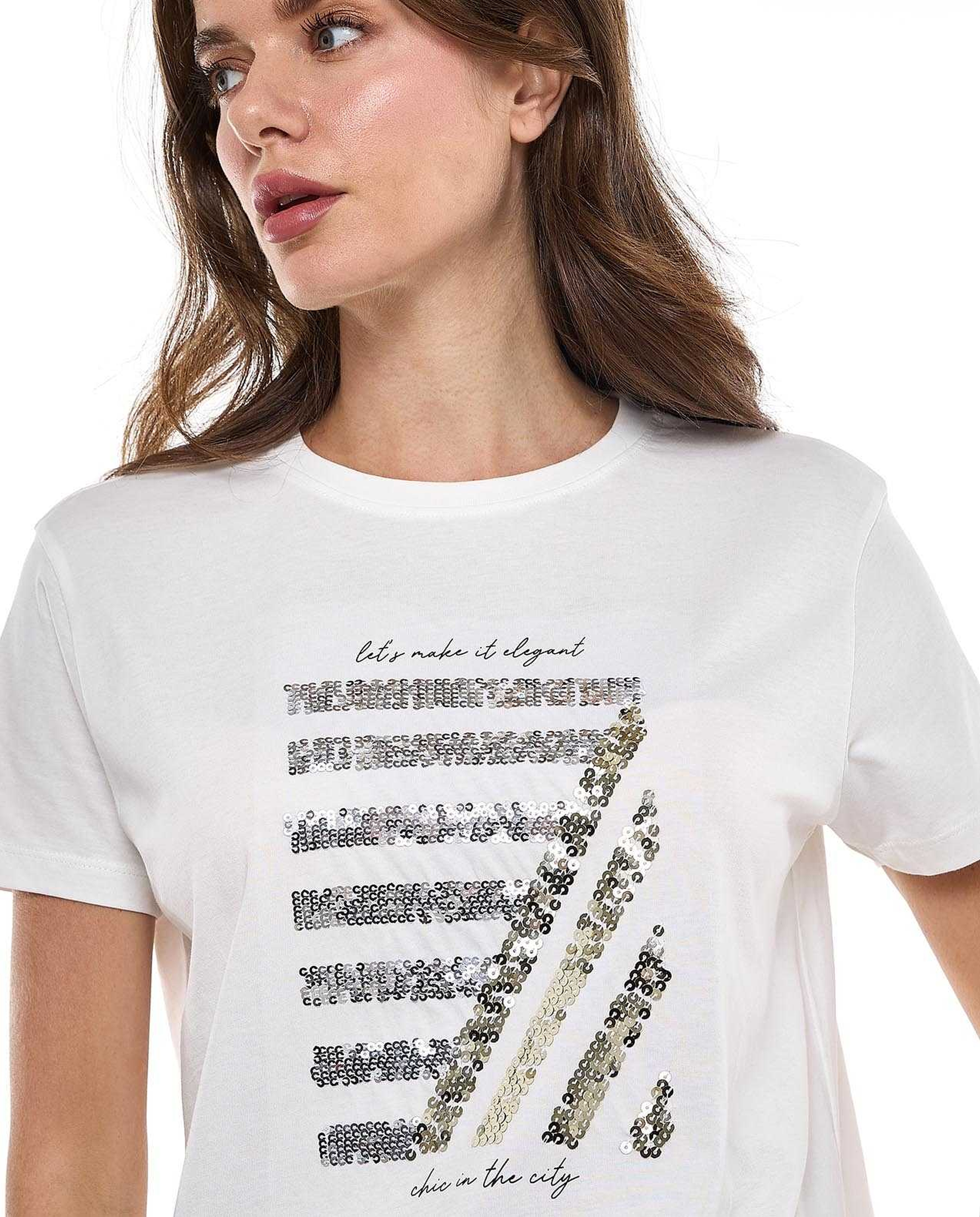 Sequined T-Shirt with Crew Neck and Short Sleeves