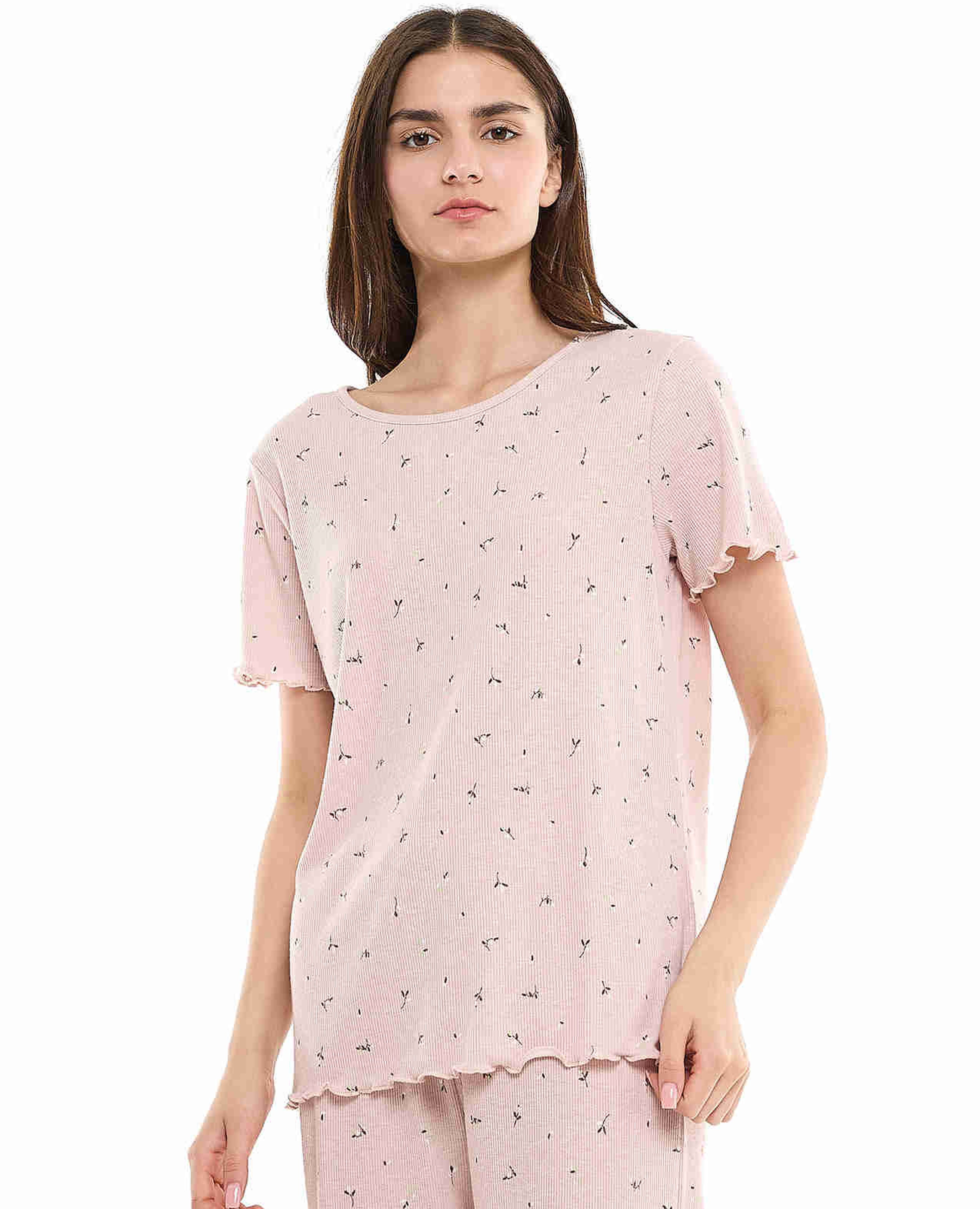 Printed Sleep Top with Crew Neck and Short Sleeves