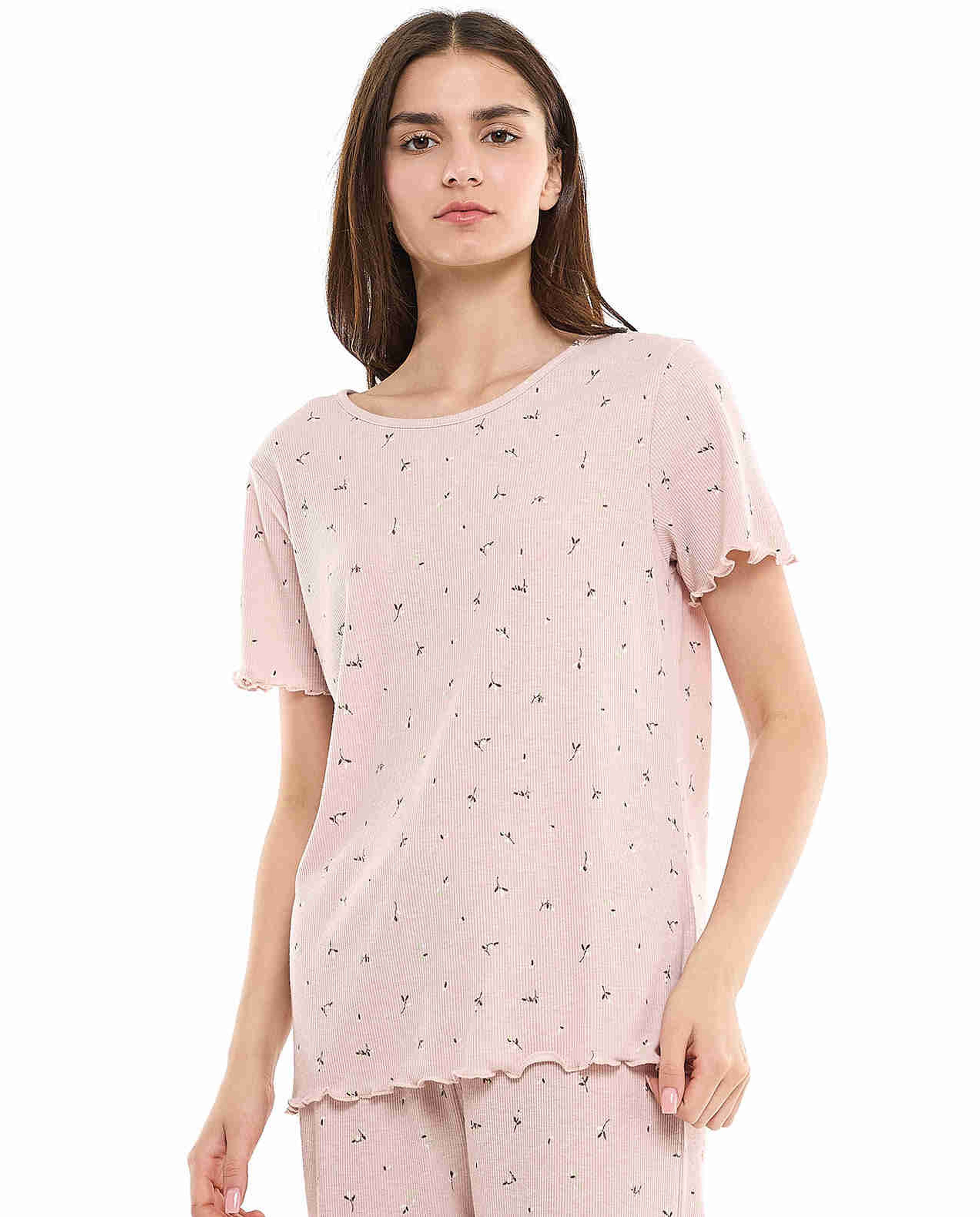 Printed Sleep Top with Crew Neck and Short Sleeves