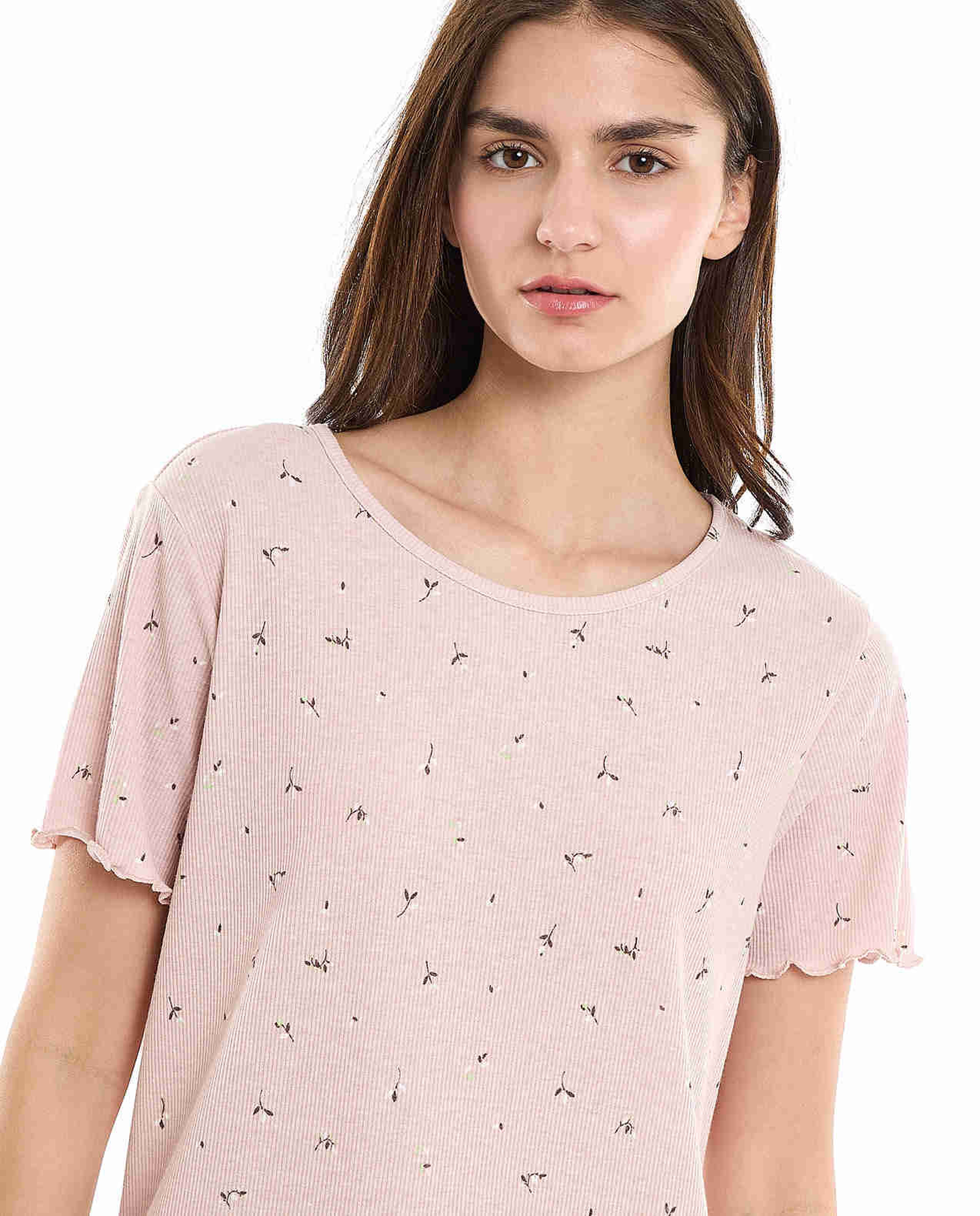 Printed Sleep Top with Crew Neck and Short Sleeves