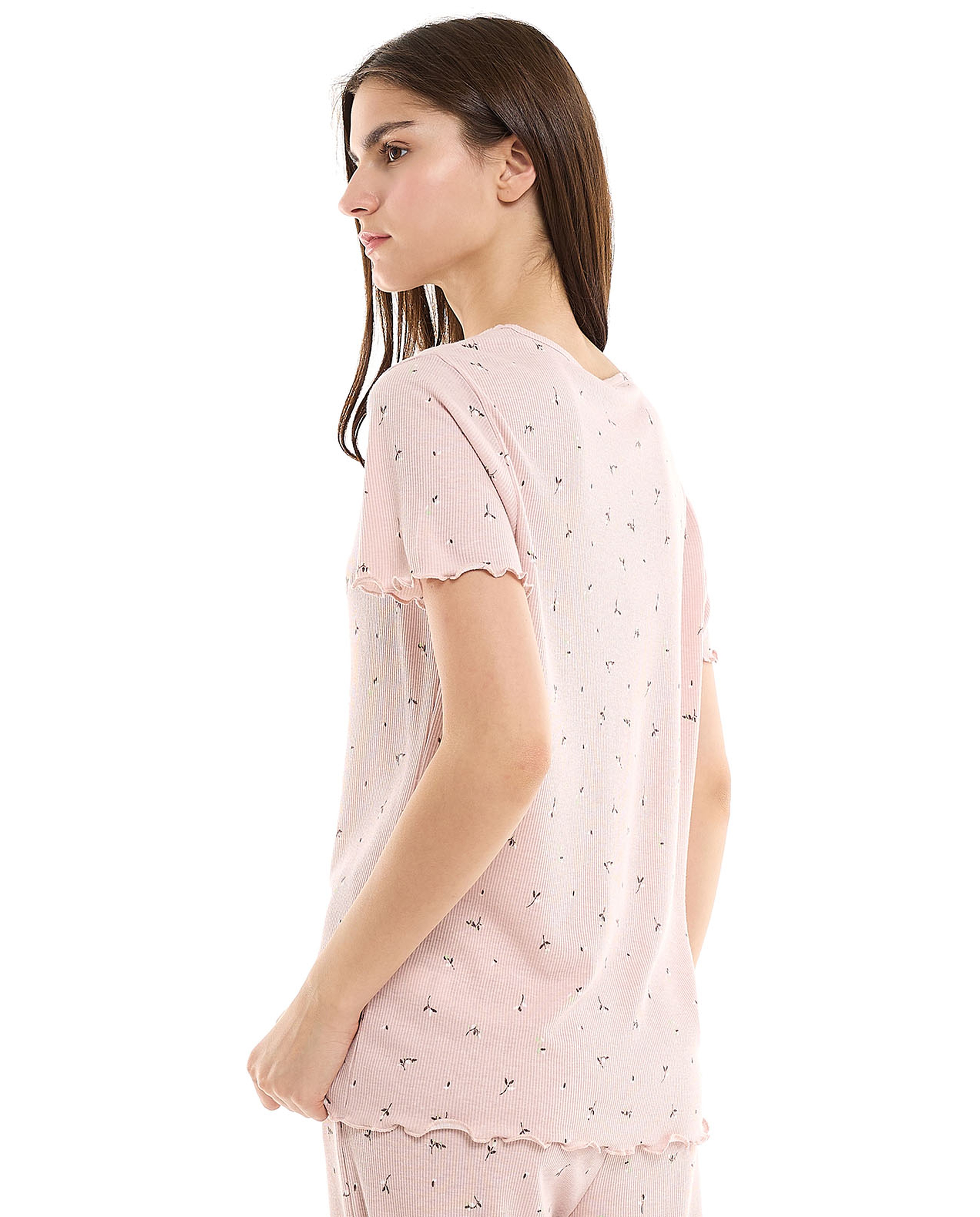 Printed Sleep Top with Crew Neck and Short Sleeves
