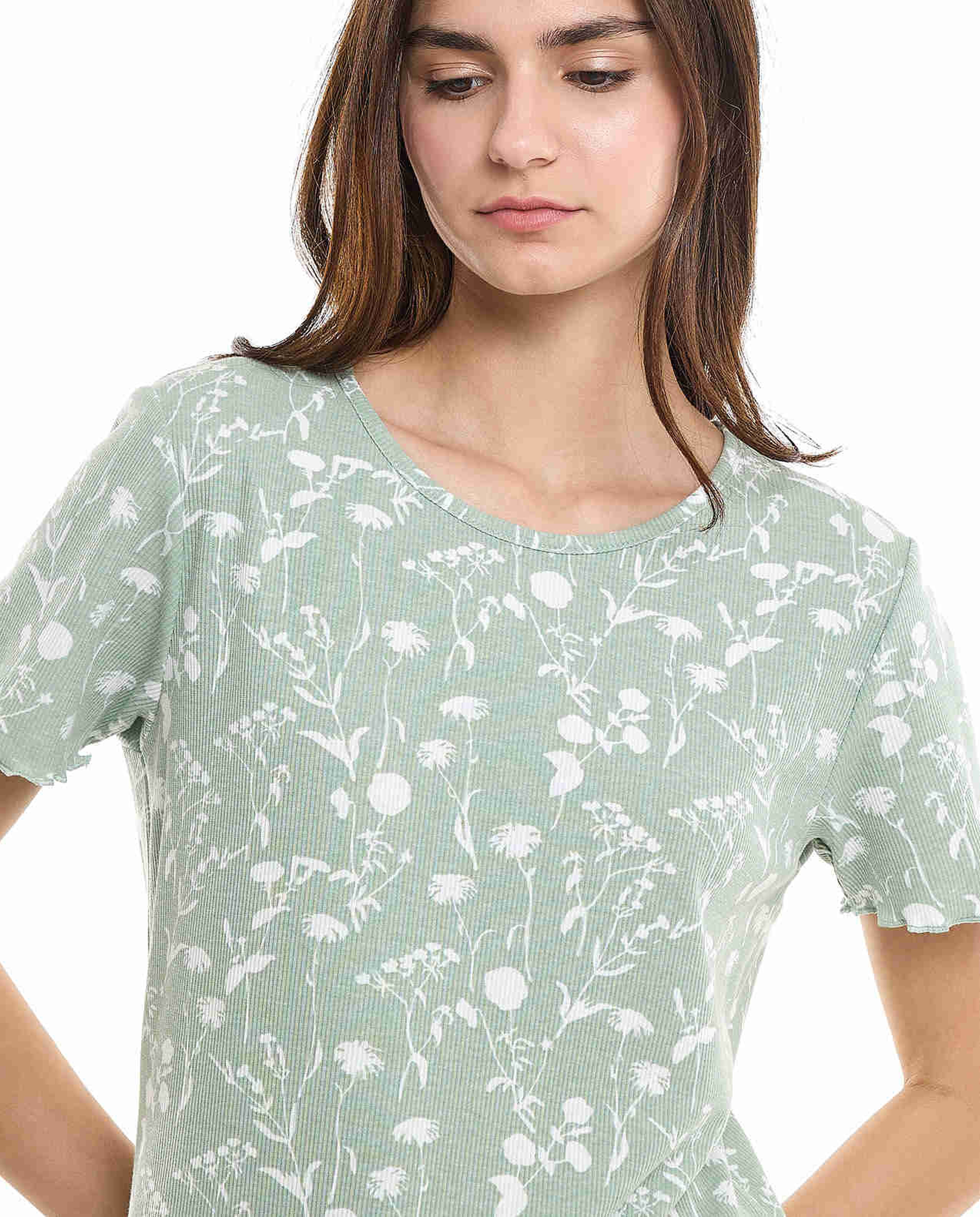 Printed Sleep Top with Crew Neck and Short Sleeves